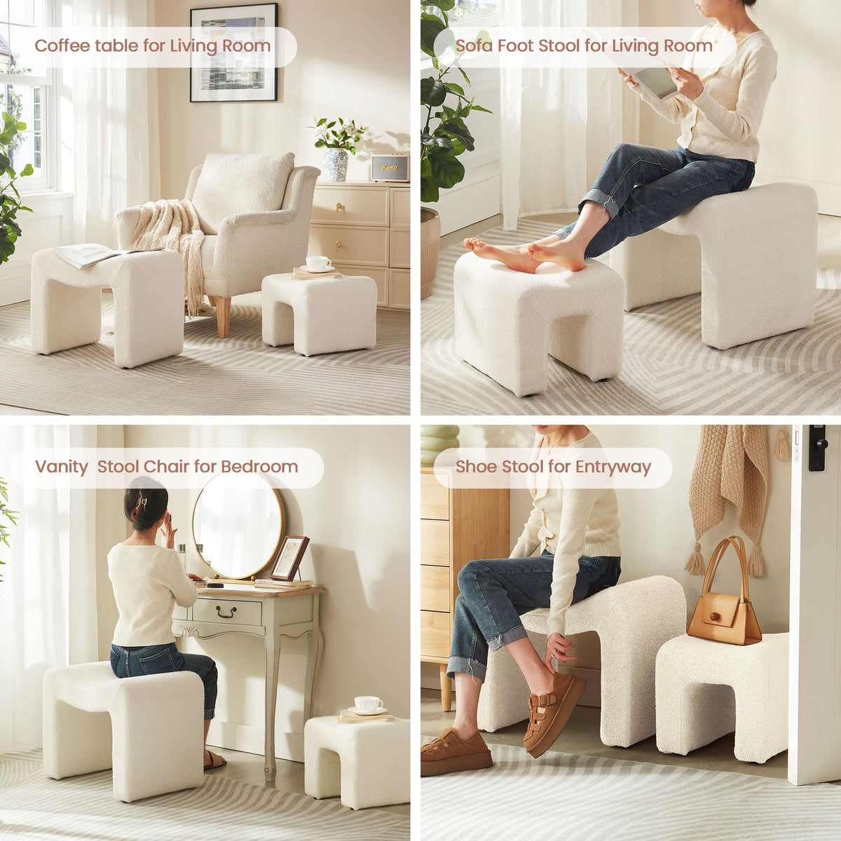 Small Footstool Ottoman Vanity Stool Set White Teddy Velvet 2-in-1