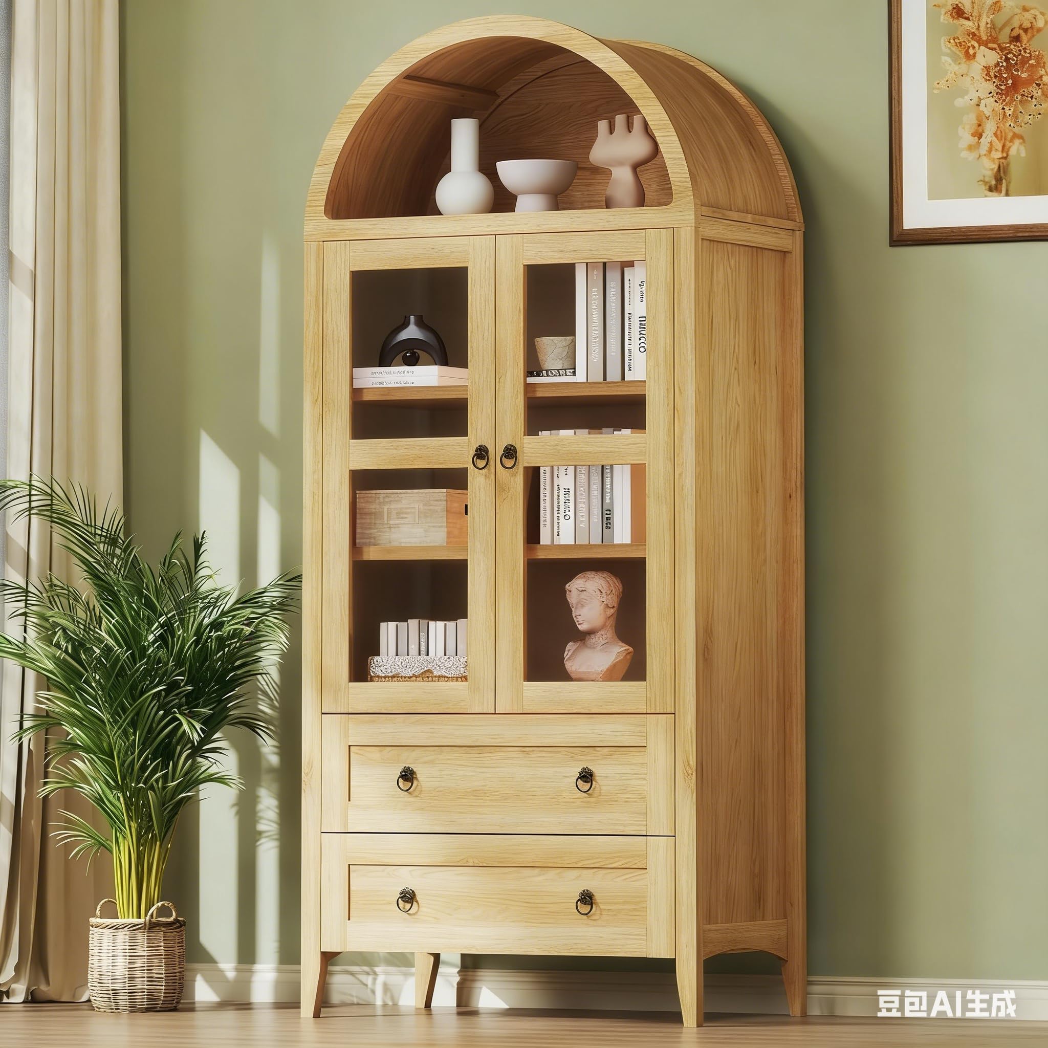 Arched Pantry Cabinet with Glass Doors
