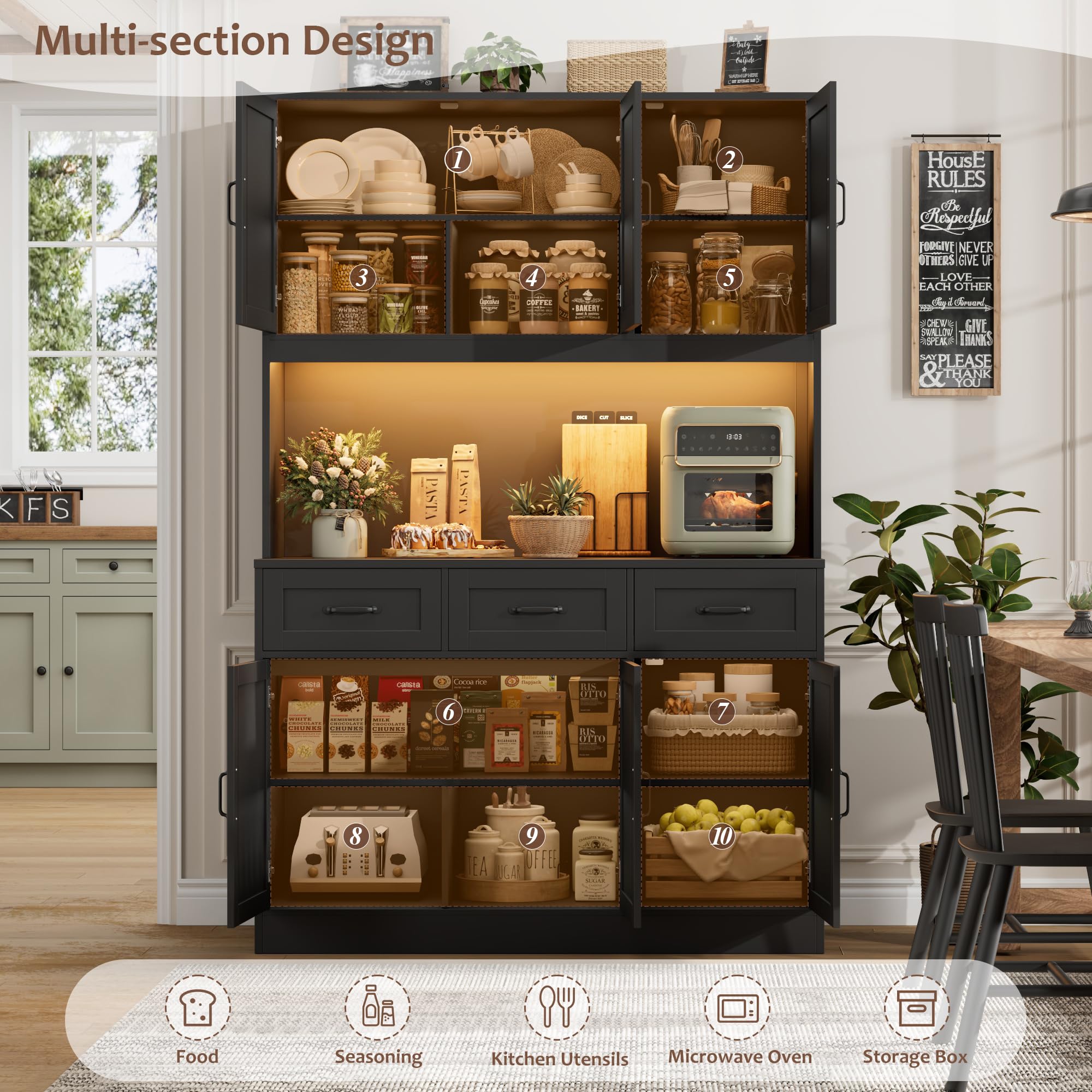 72" Kitchen Pantry Cabinet with LED Lights