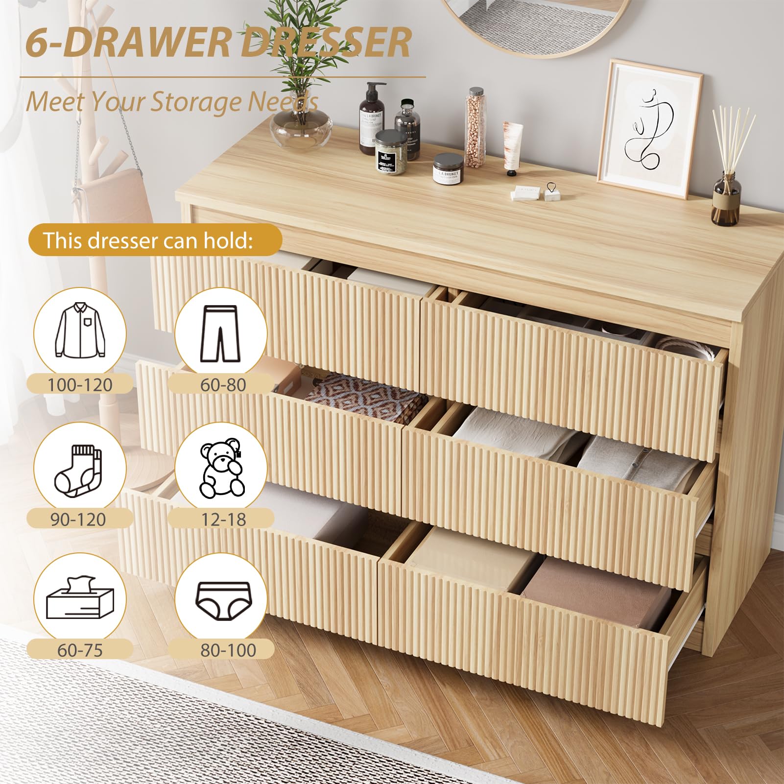Oak 6 Drawer Dresser with Fluted Design