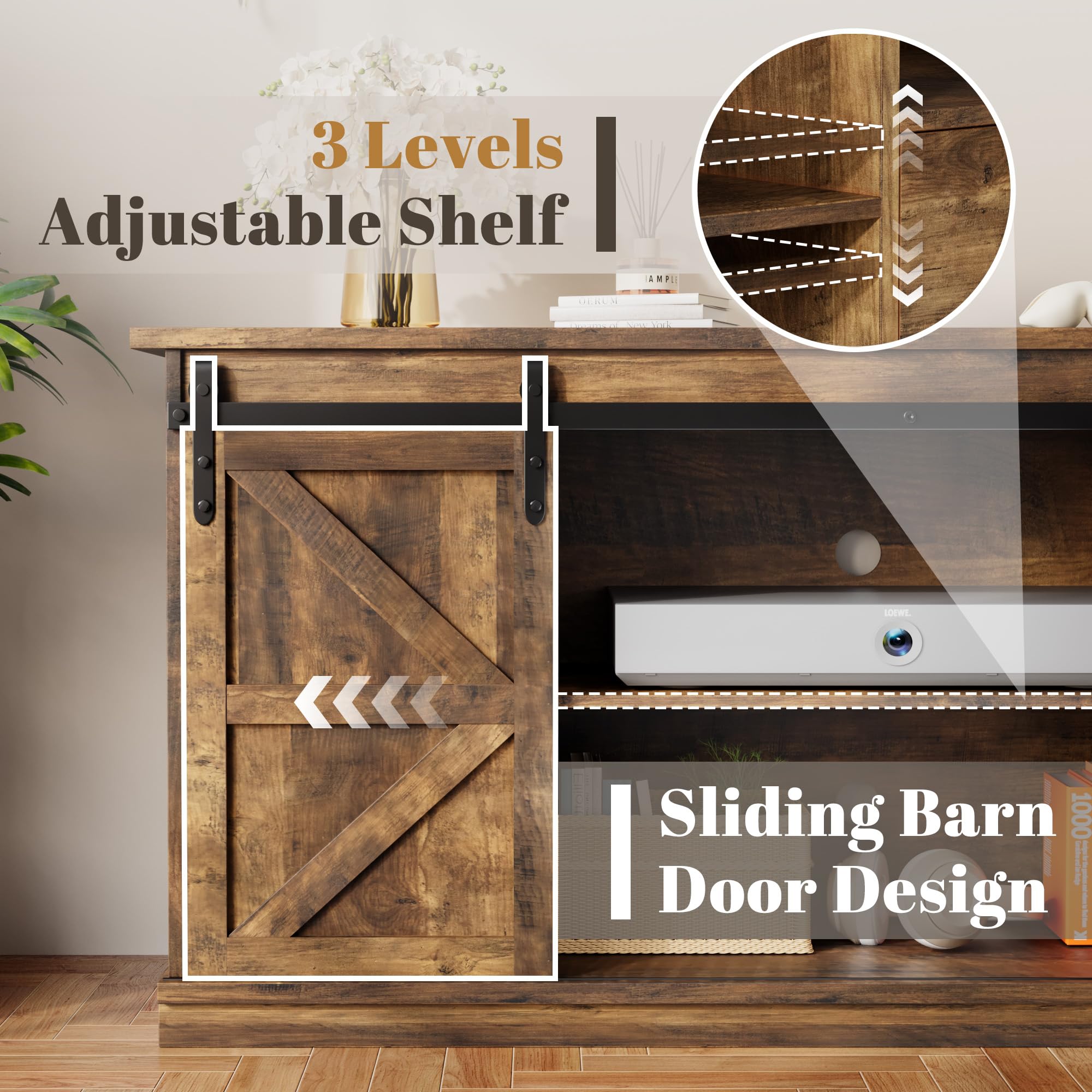 Farmhouse TV Stand for 65 Inch TV with Sliding Barn Doors