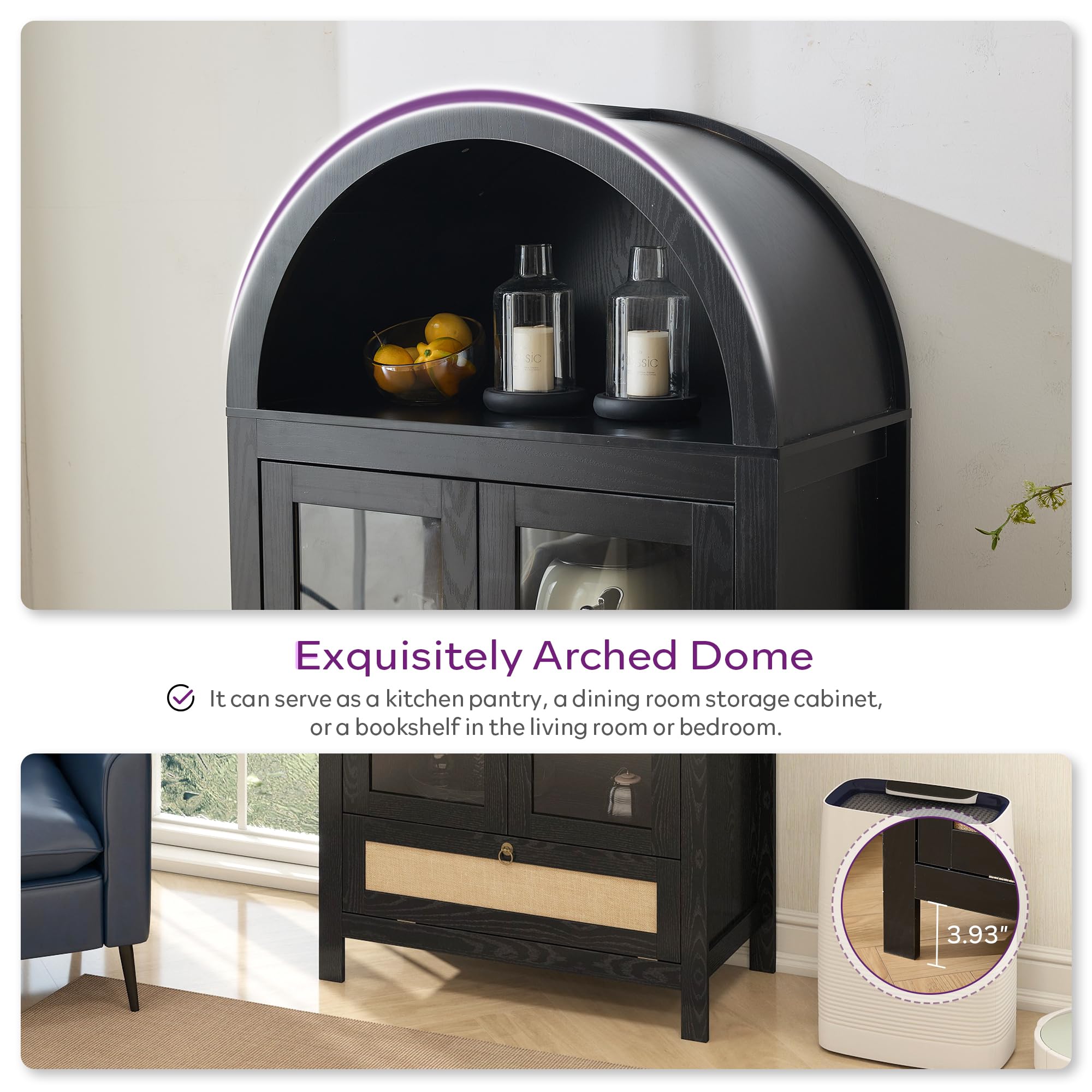 71" Tall Arched Pantry Cabinet with Glass Door