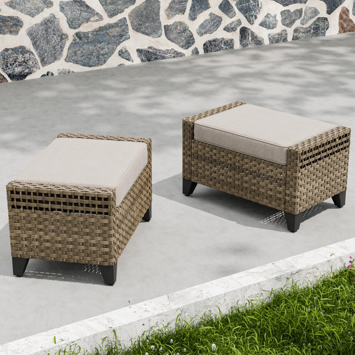 2 Pieces Outdoor Wicker Patio Footstools with Removable Cushions