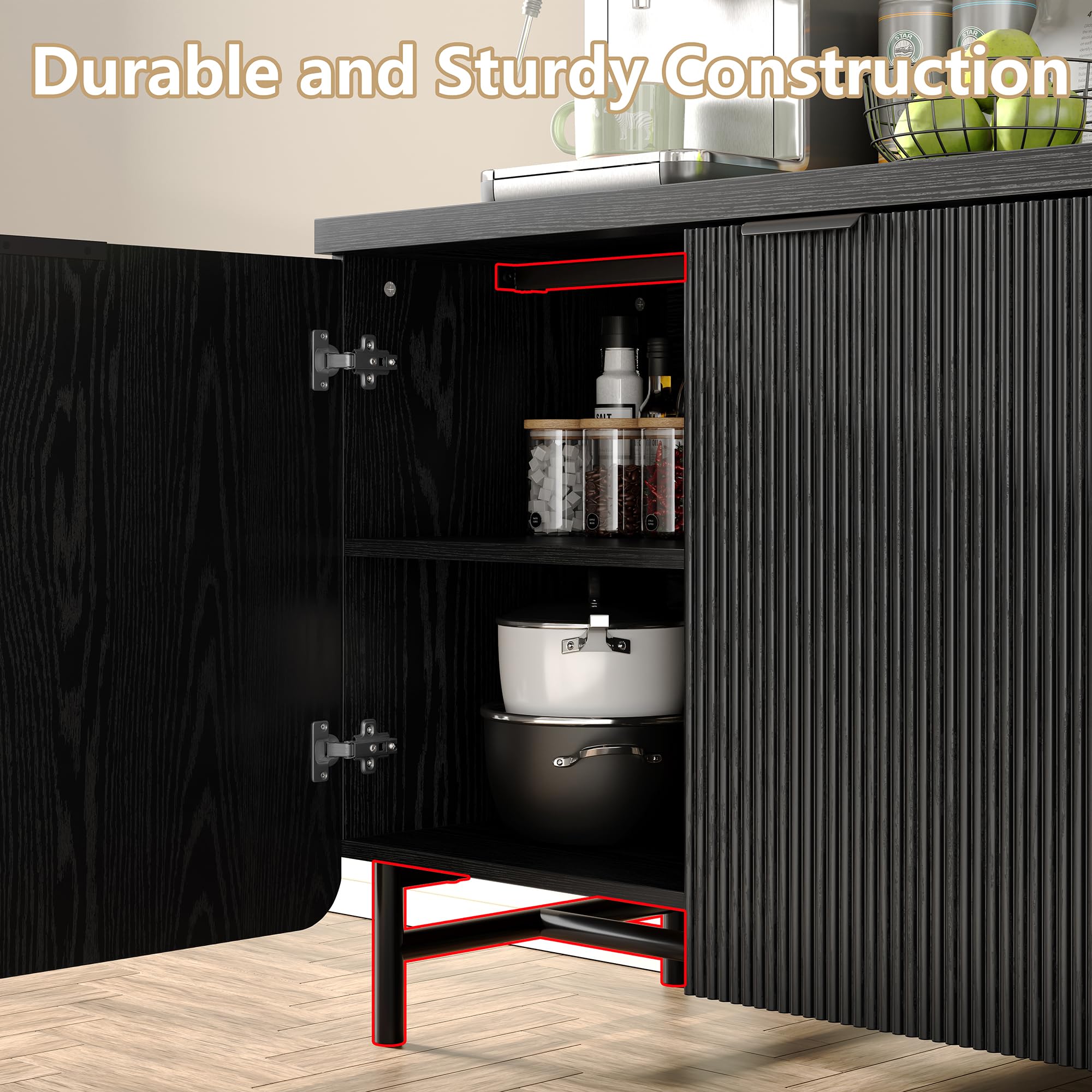 66.2" Fluted Buffet Cabinet with 4 Doors and Shelves