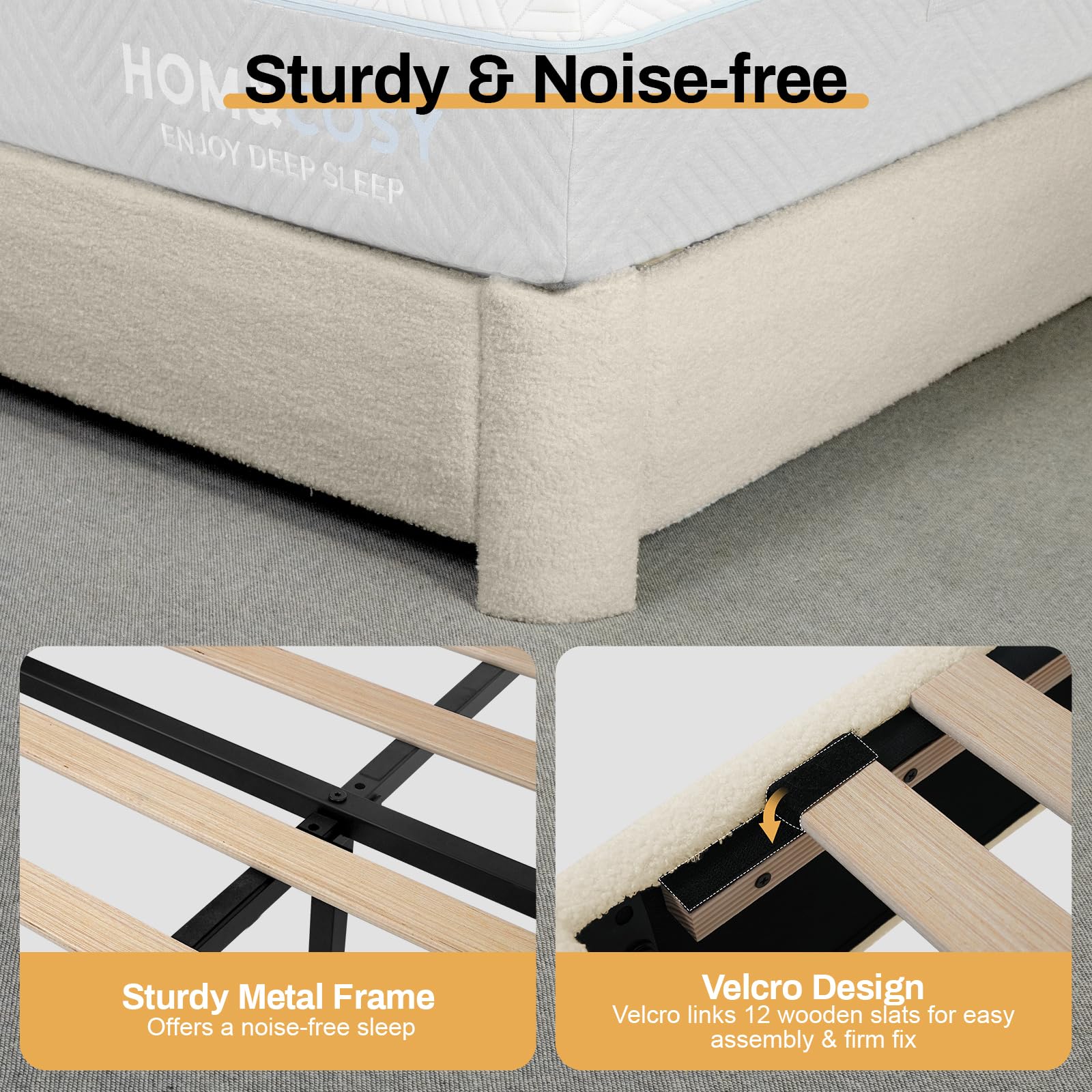 Full Size Boucle Upholstered Bed Frame with Adjustable Headboard