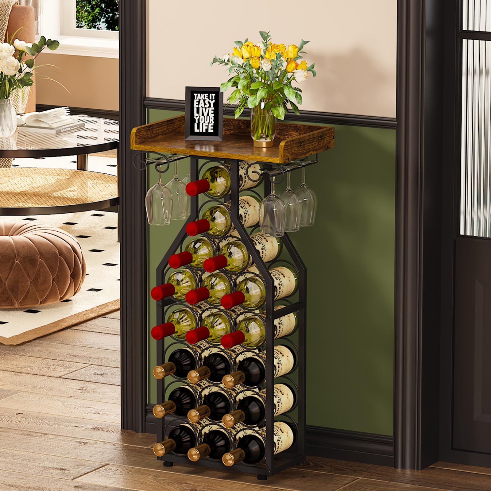 Wine Rack Freestanding Floor Storage with Glass Holder