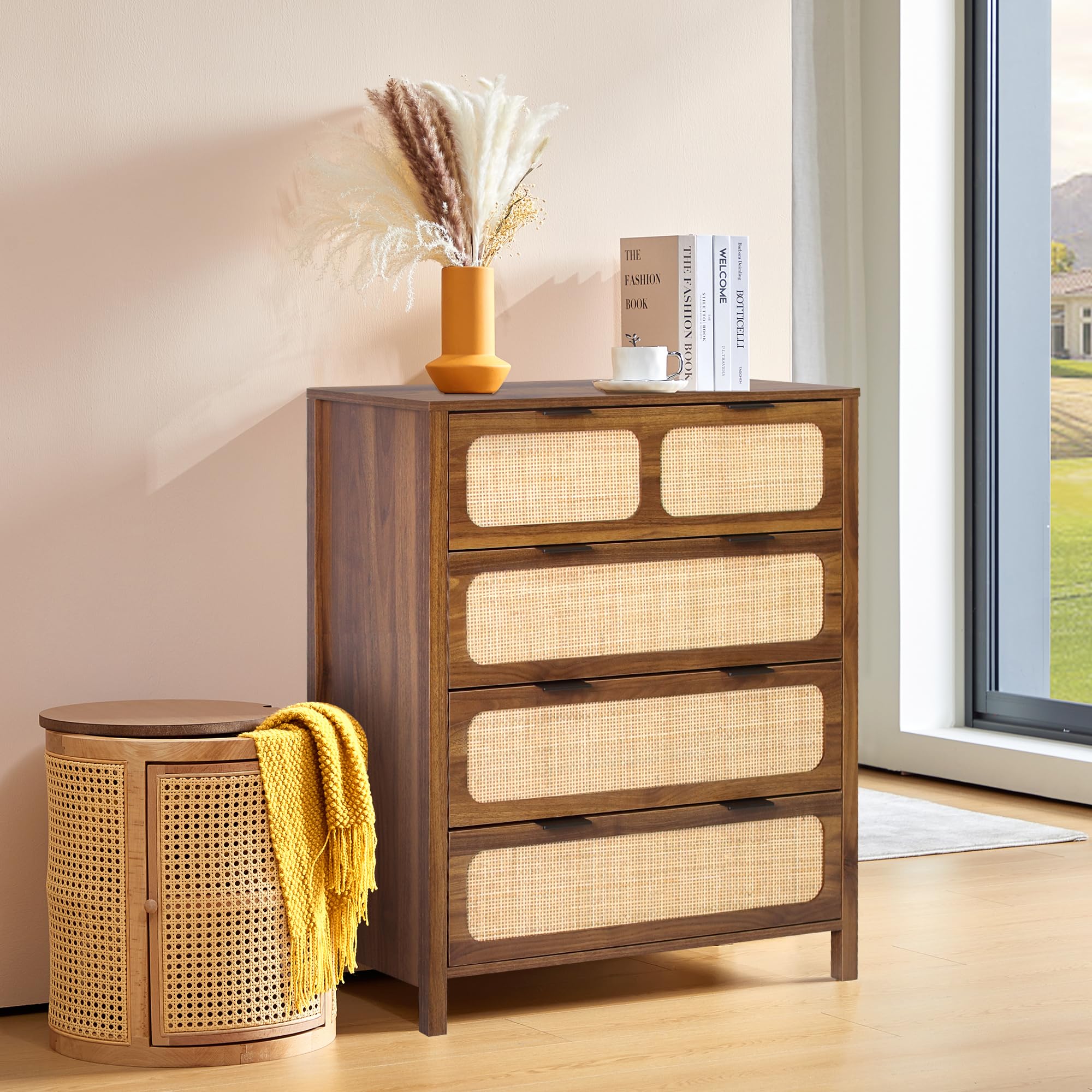 4 Drawer Rattan Dresser with Metal Handles