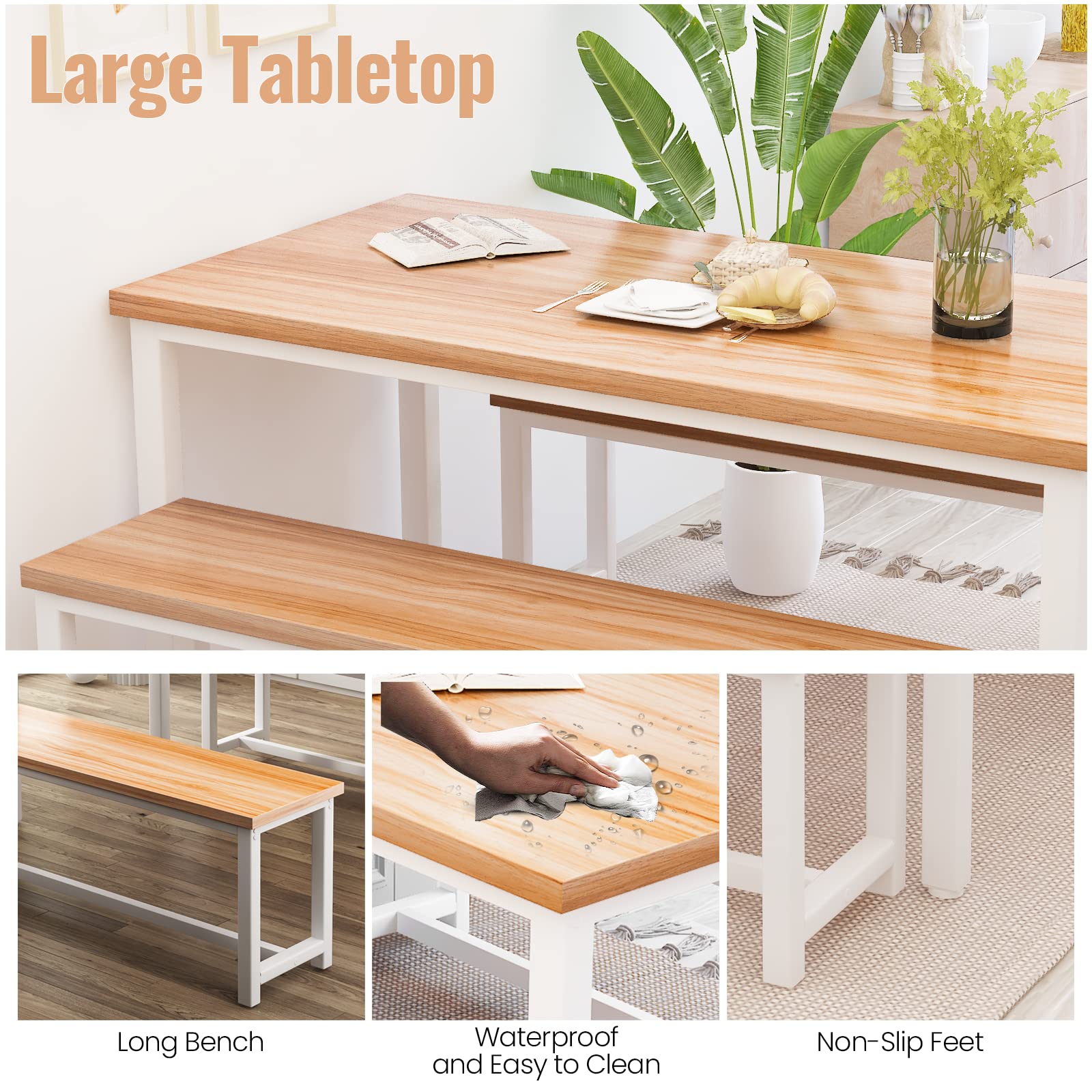 Recaceik Dining Table Set with Bench, 3 Pieces Dining Furniture Set Kitchen Table Set Sturdy Structure Space-Saving Dinette for Kitchen, Dining Room Breakfast Nook, Living Room, Beige