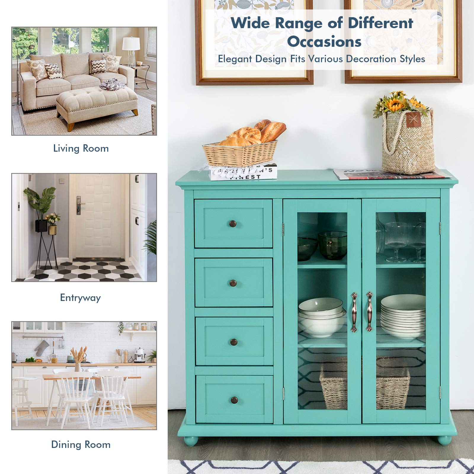 Buffet Sideboard with 4 Drawers and Glass Doors