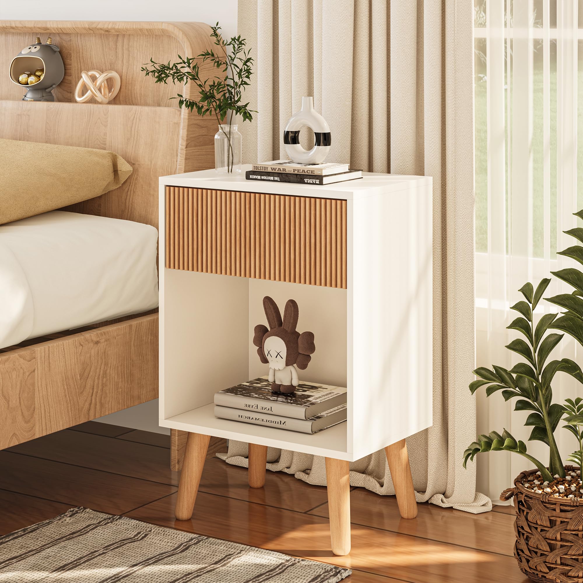 Modern White Oak Nightstand with Drawer and Open Shelf