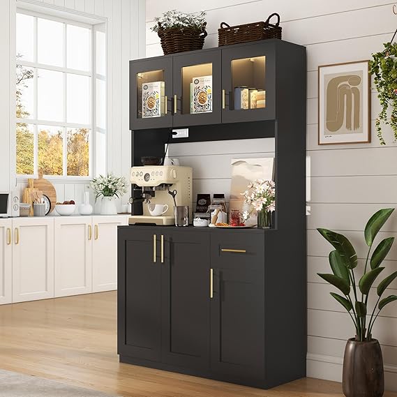 Kitchen Pantry Cabinet with Microwave Shelf and Charging Station