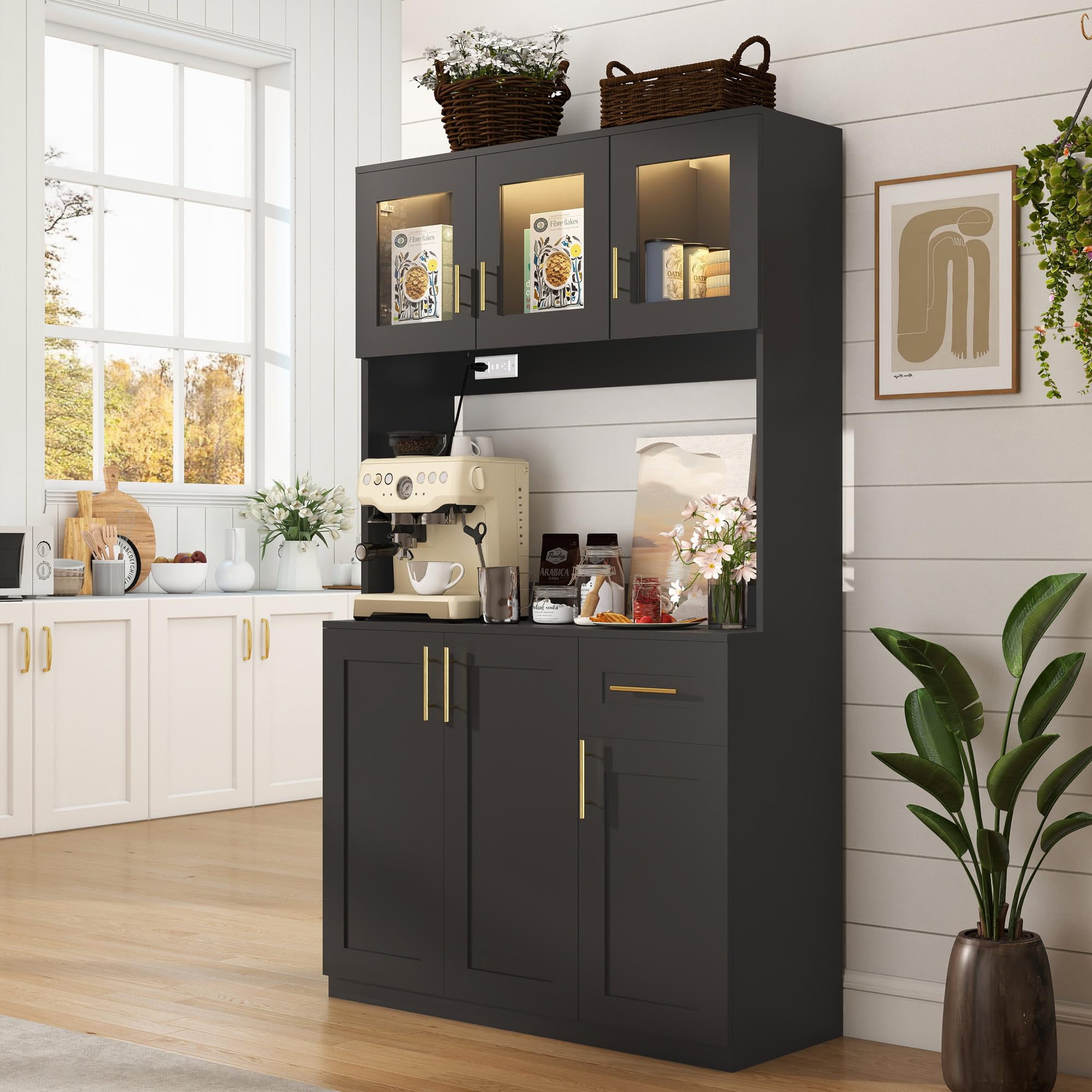 Kitchen Pantry Cabinet with Microwave Shelf and Charging Station