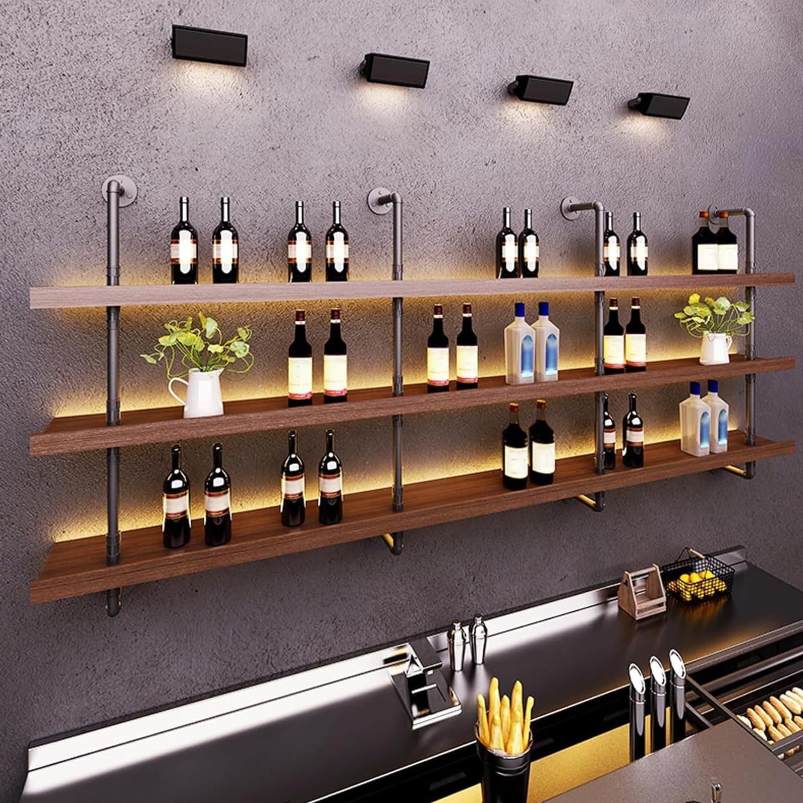 70.8in Wall Mounted Wine Rack with LED Light - 3 Tier Floating Shelf