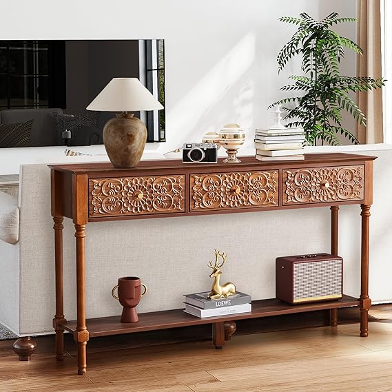 55.5" Carved Console Table with 3 Drawers