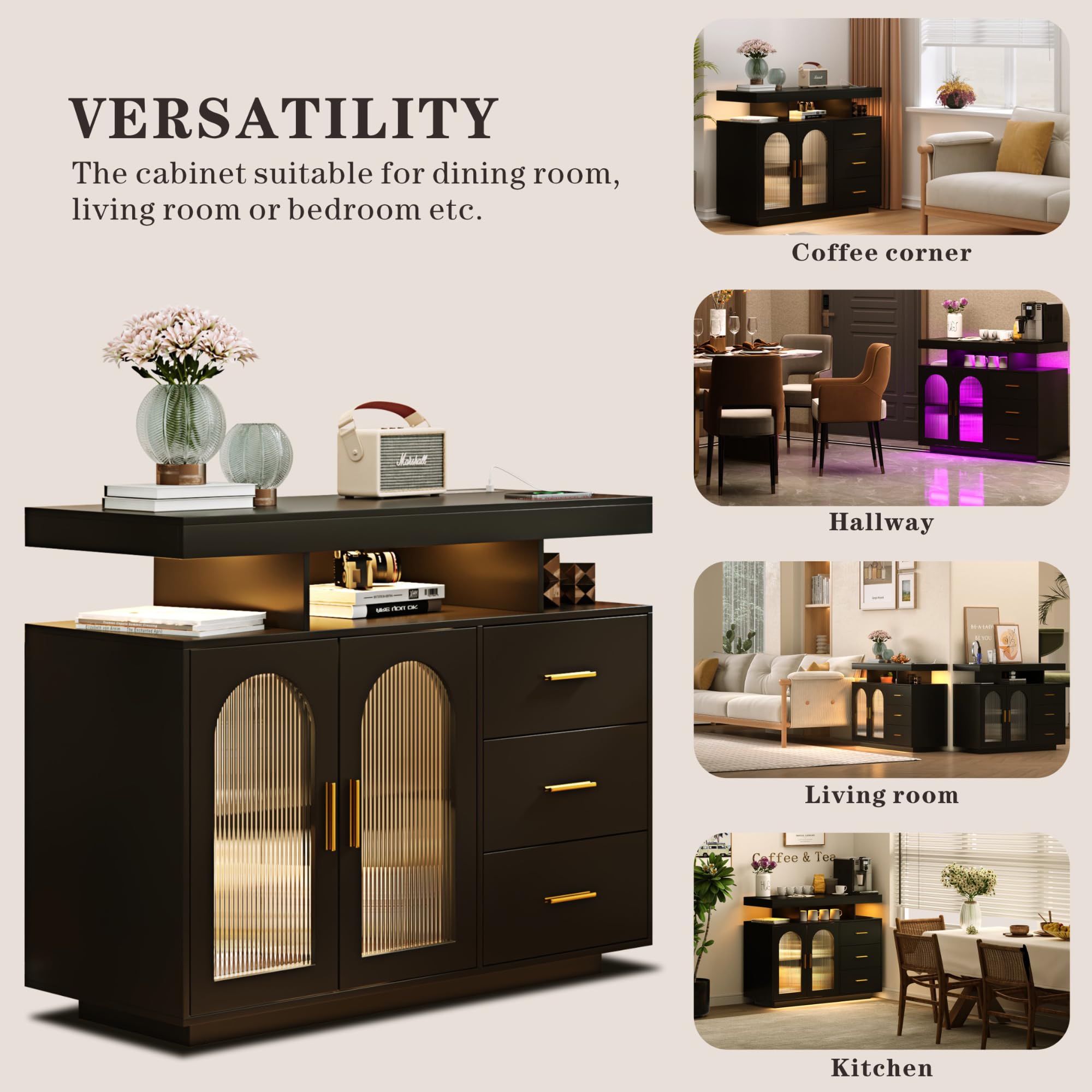 Buffet Cabinet with Storage and LED Lights