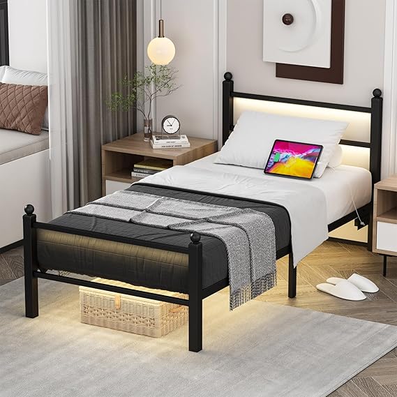 Full Size Metal Bed Frame with Charging Station & LED Lights