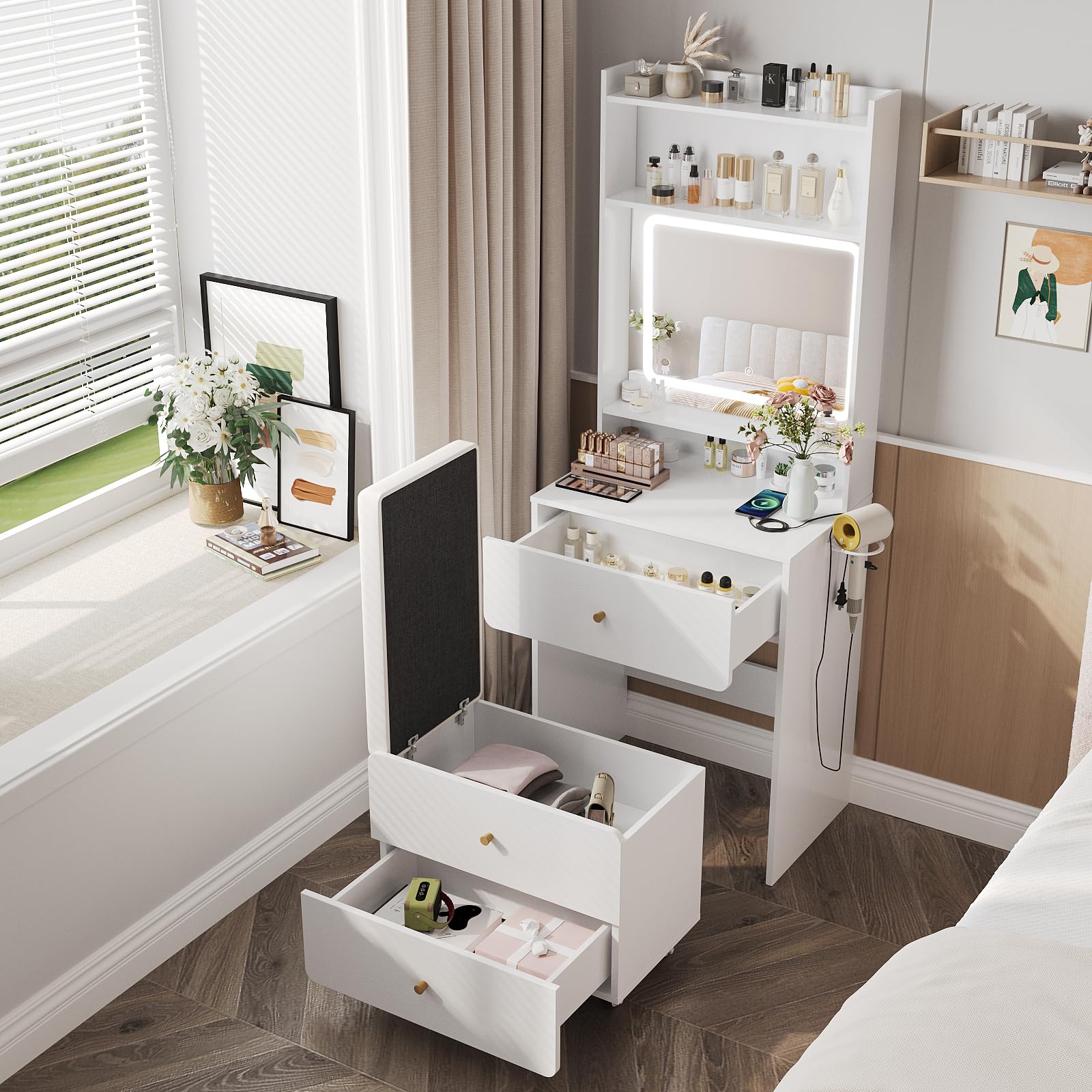 Vanity Desk with LED Mirror and Charging Station
