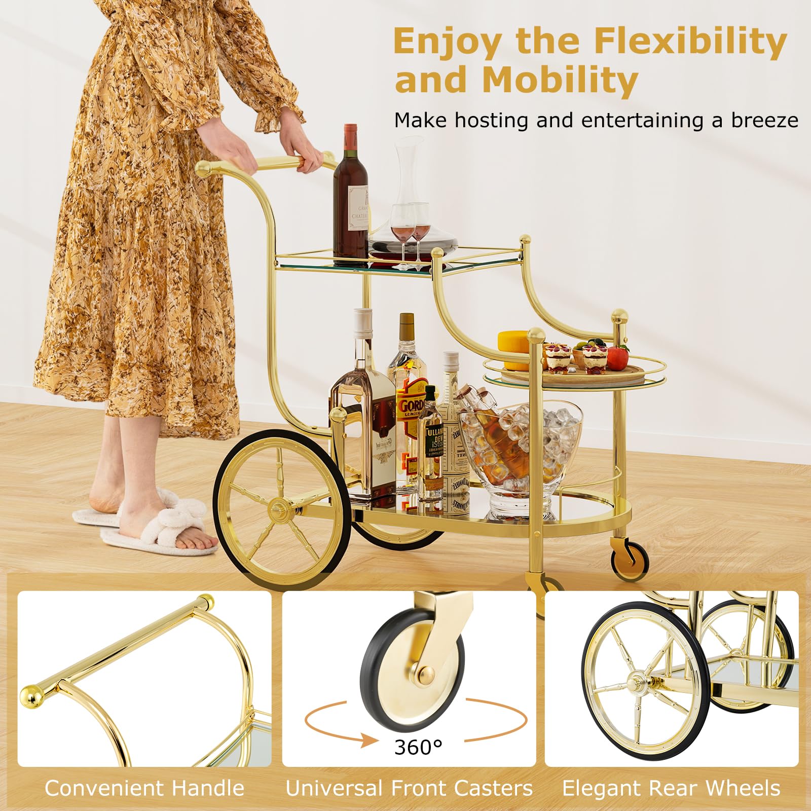 3-Tier Rolling Bar Serving Cart with Mirrored Shelves