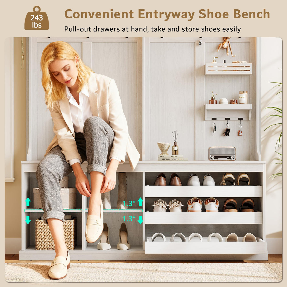 70" Hall Tree with Bench and Adjustable Shoe Storage