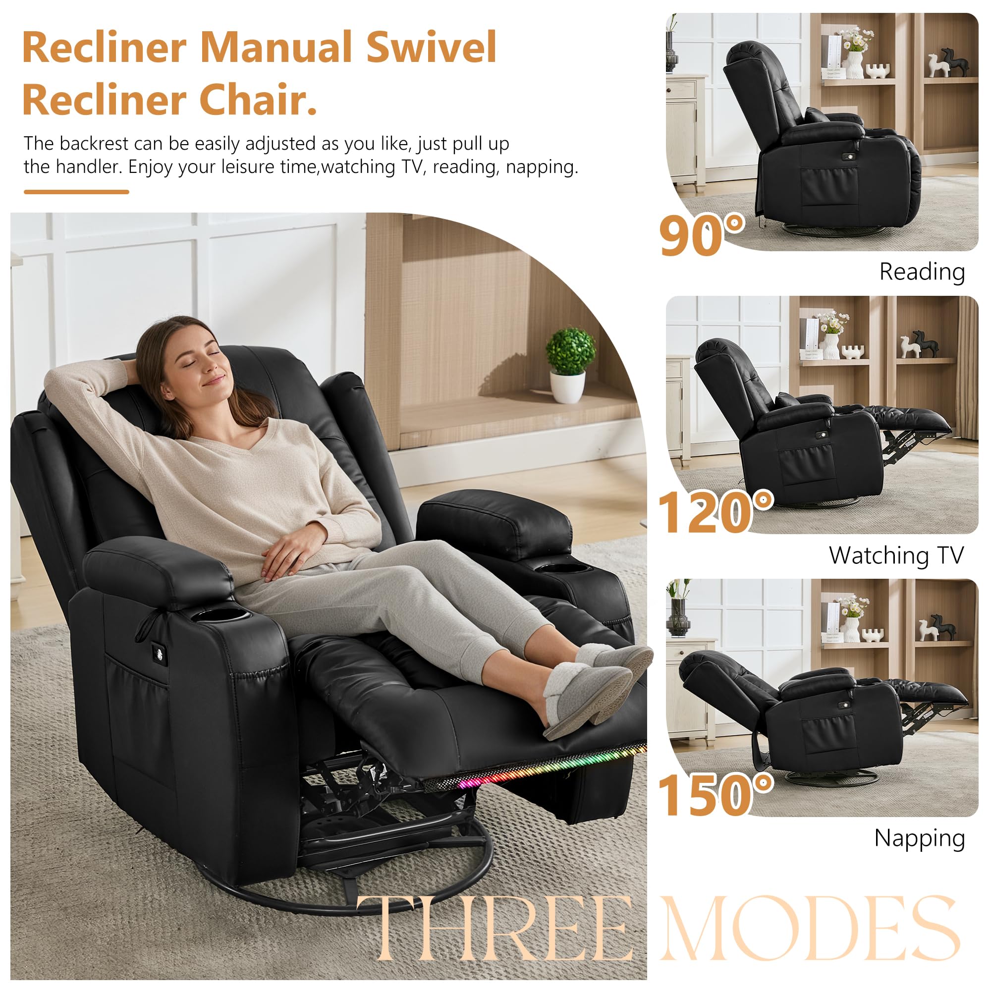 URRED Rocker Recliner Chair for Adults, 270° Swivel Glider Reclining Single Sofa with LED Ambient Light, Cup Holders and Side Pockets, Faux Leather Recliner for Living Room or Home Theater, Black