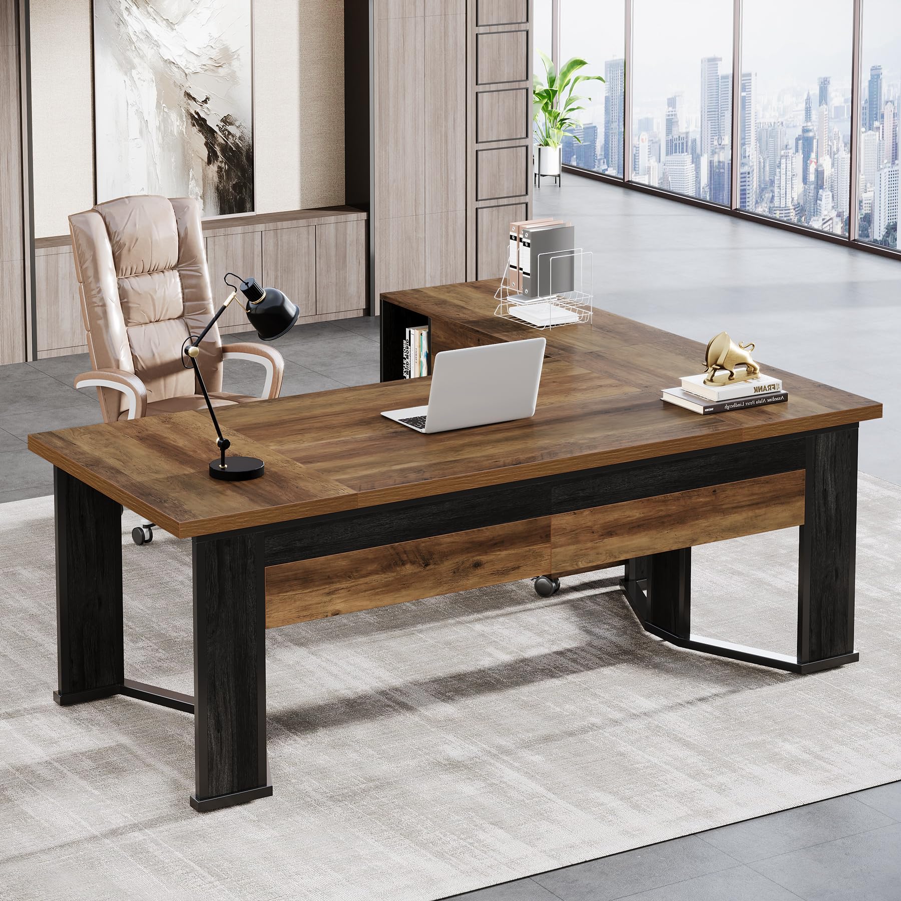 70.86" L-Shaped Executive Desk with Mobile File Cabinet