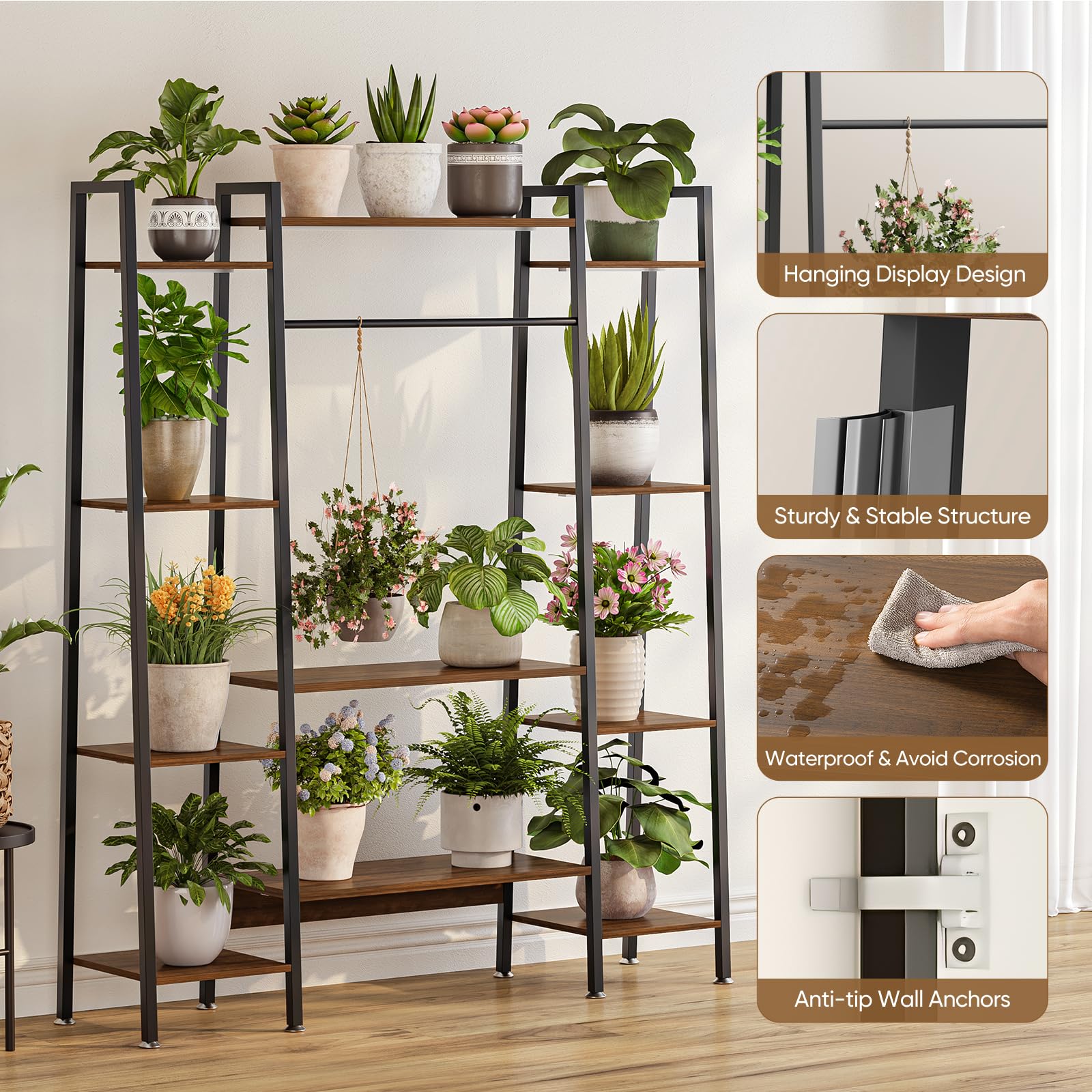 12-Tier Plant Stand with Grow Light - 55" Tall Wood & Metal Shelf with Timer
