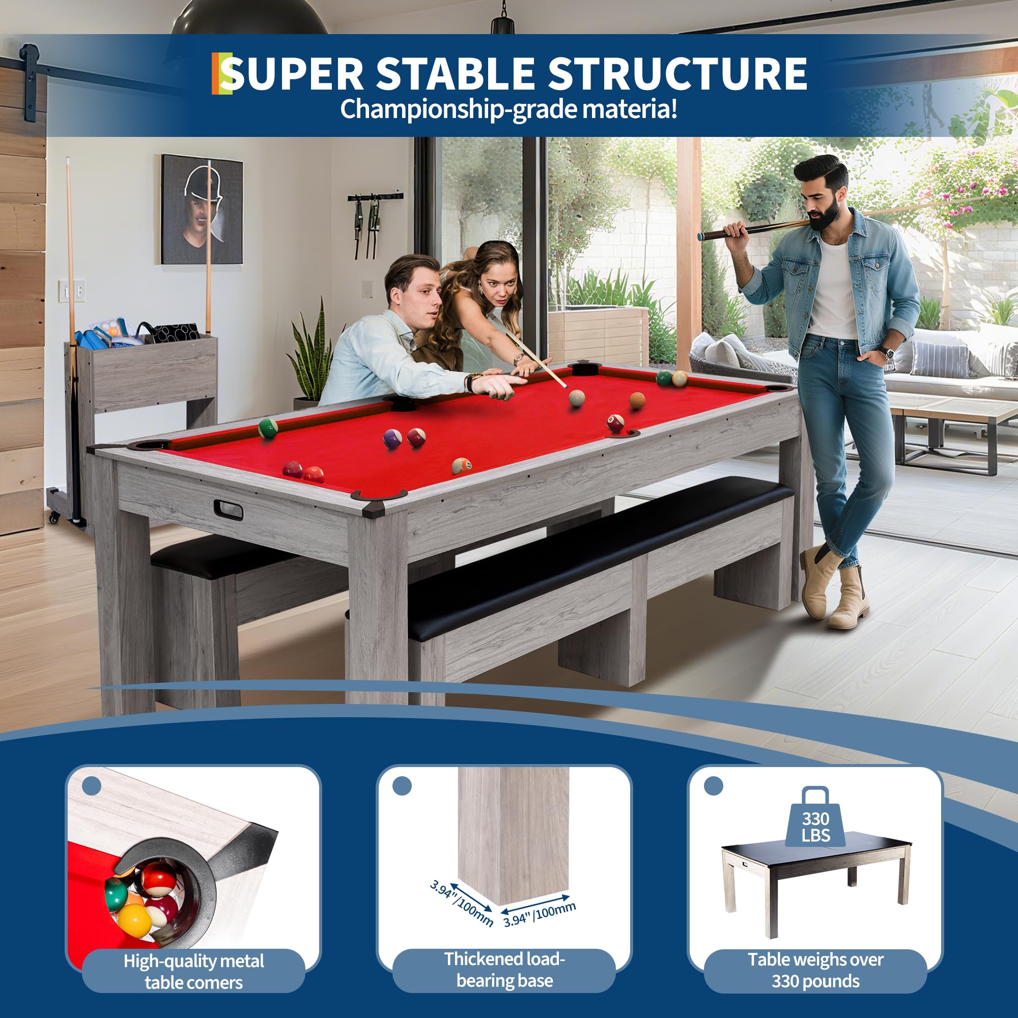 7FT 3-in-1 Pool Table with Dining Top & Table Tennis