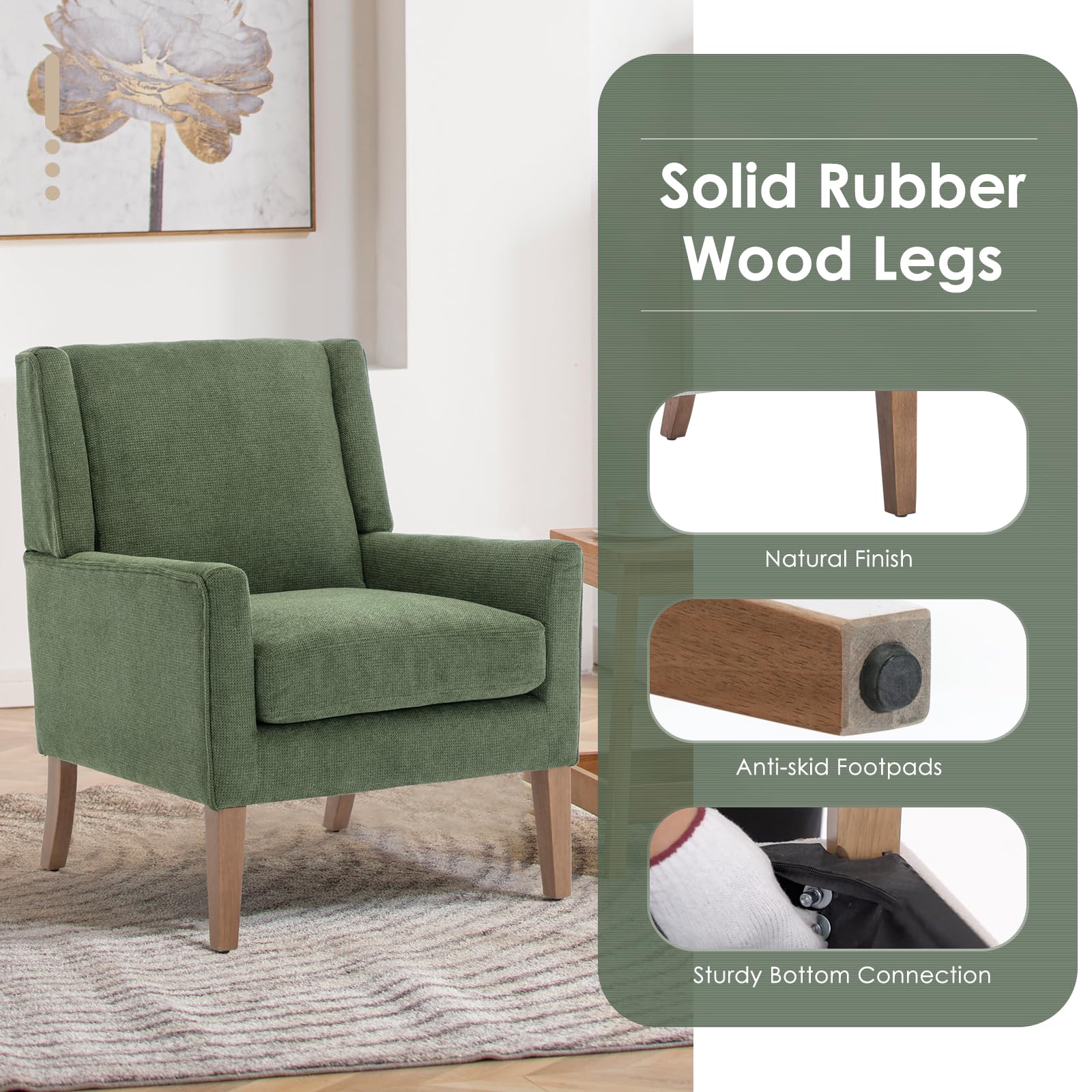 Mid-Century Modern Wingback Accent Chair Set of 2 - Green Chenille Upholstered