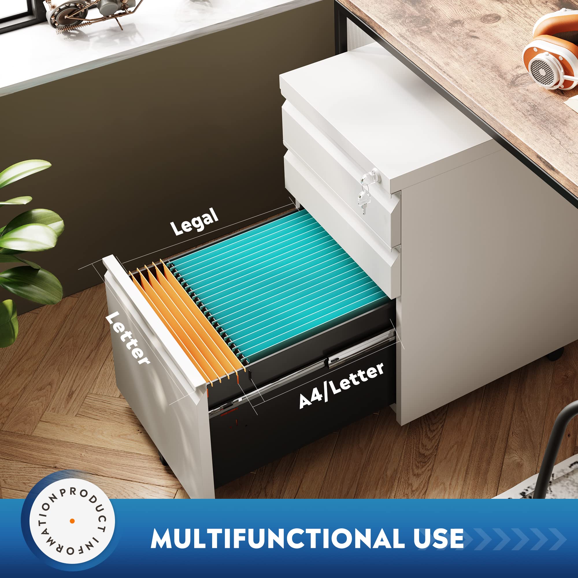 3 Drawer Mobile File Cabinet with Lock