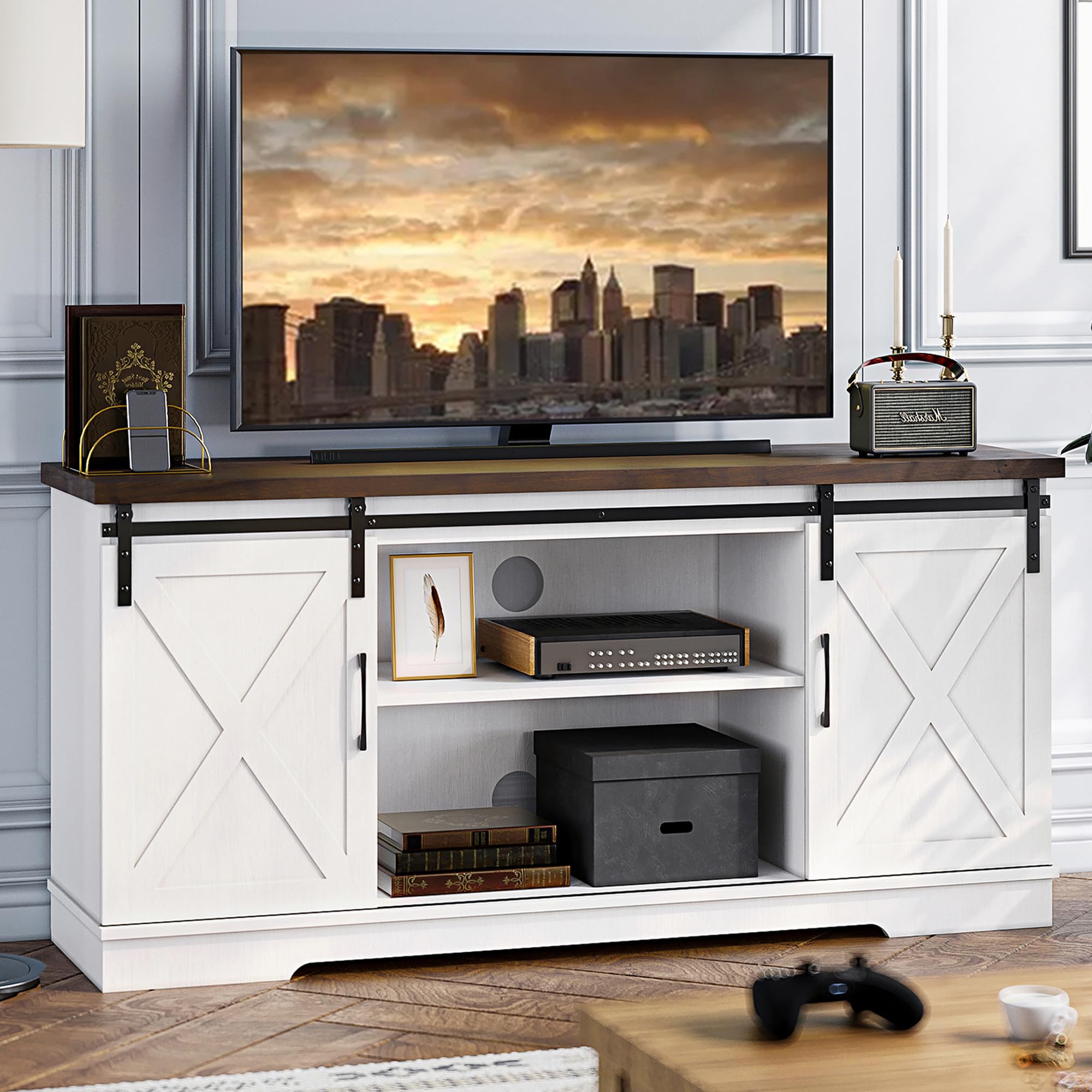 Farmhouse TV Stand with Storage and Barn Doors