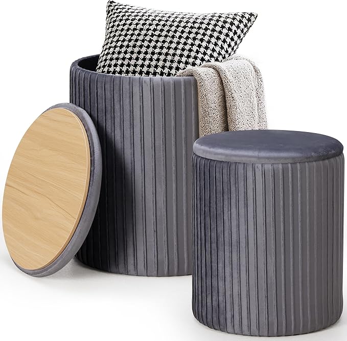 Round Ottoman Storage Set of 2 Black Velvet