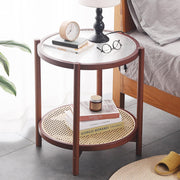 Rattan Coffee Table Round End Table 2-Tier Bamboo Glass Top
