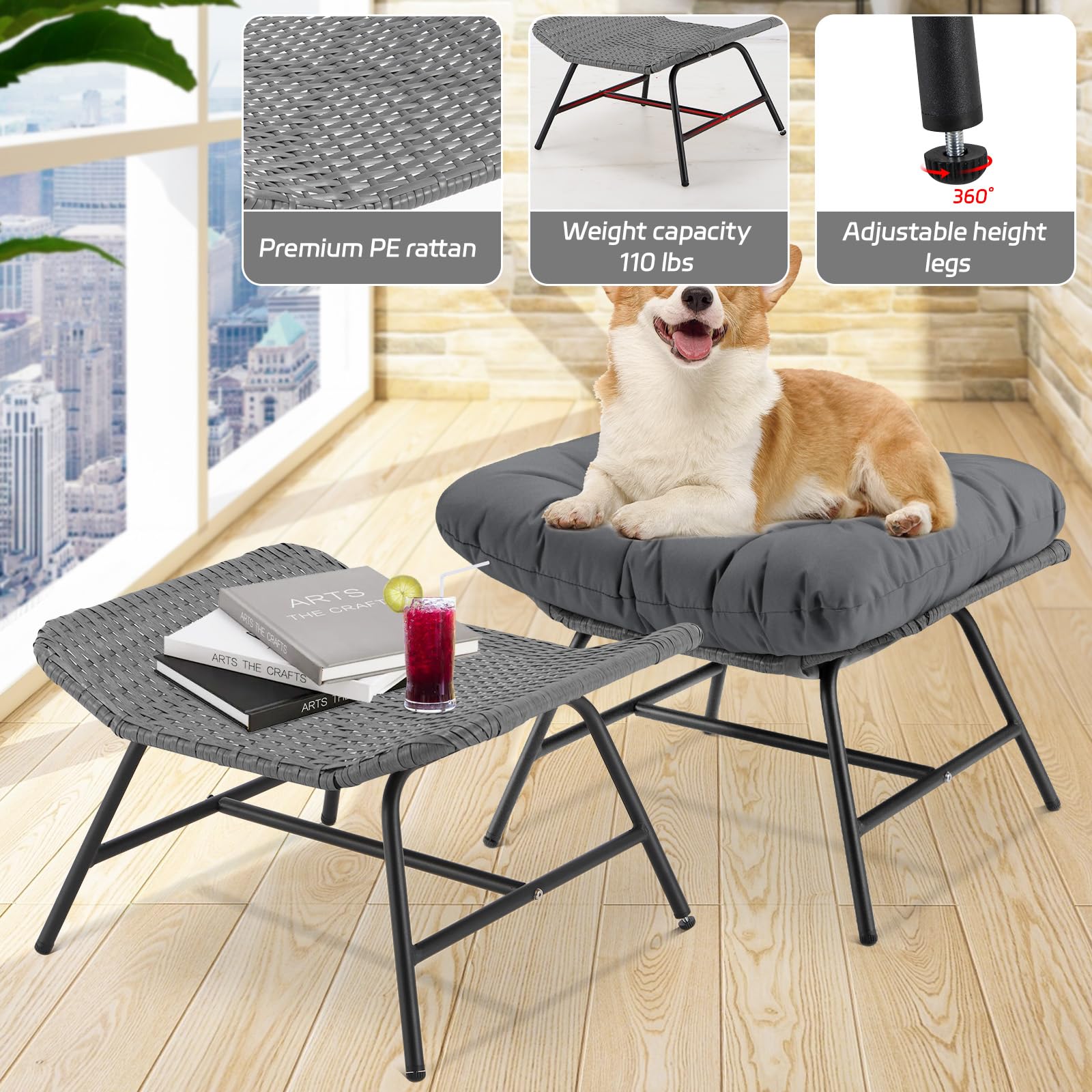 Outdoor Patio Ottomans Set with Cushions