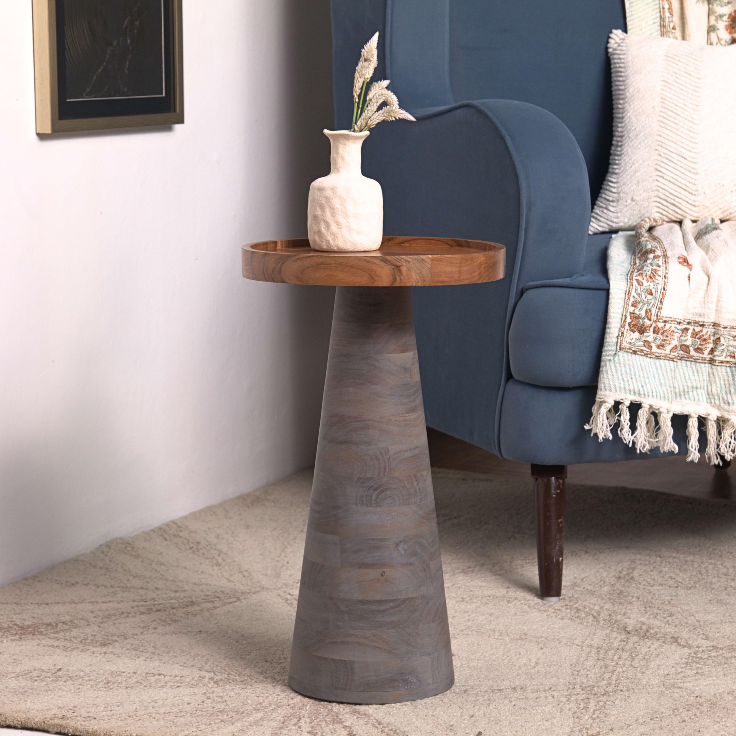 Round Solid Wood End Table with Tray Top
