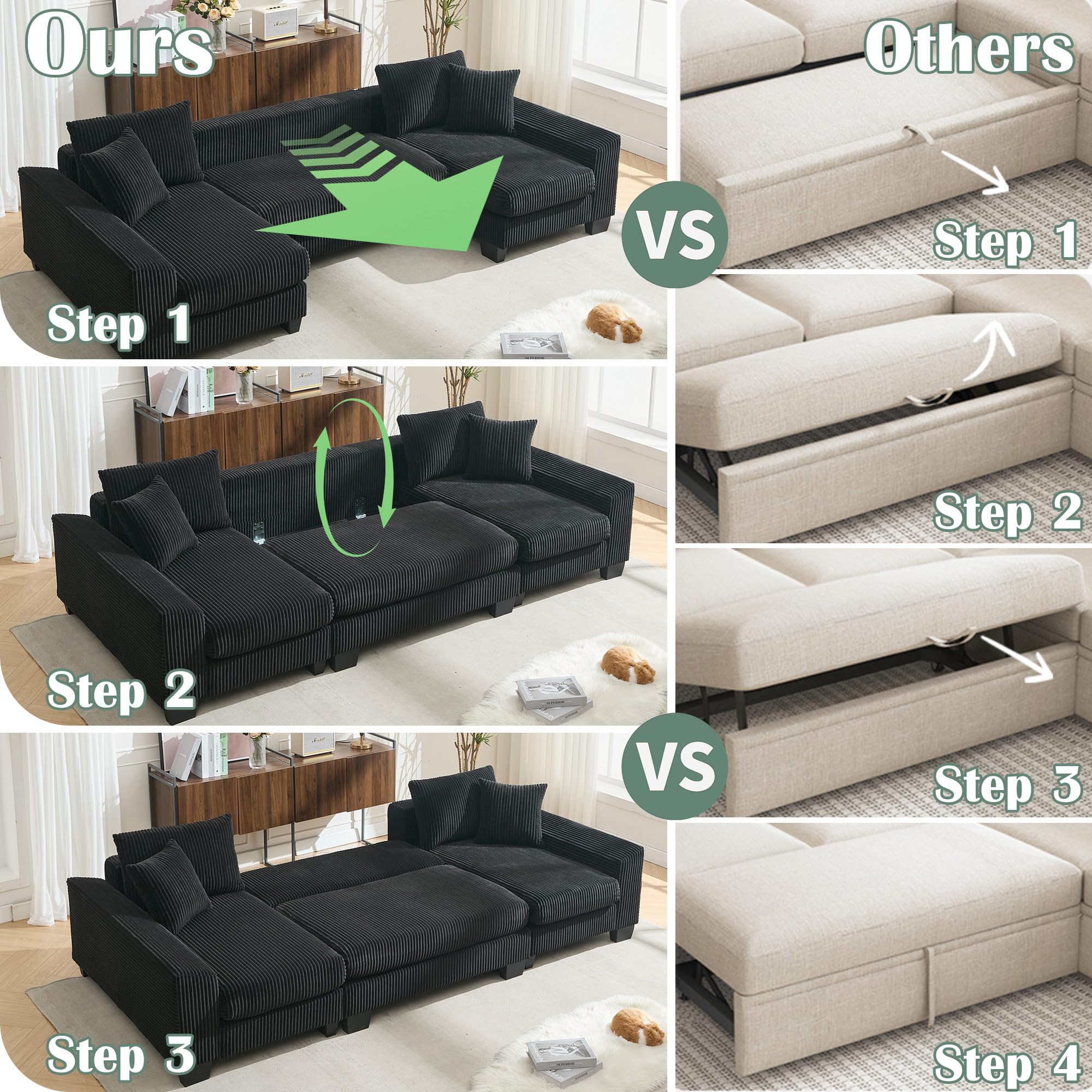 U-Shaped Modular Sectional Sofa with Pull-Out Bed