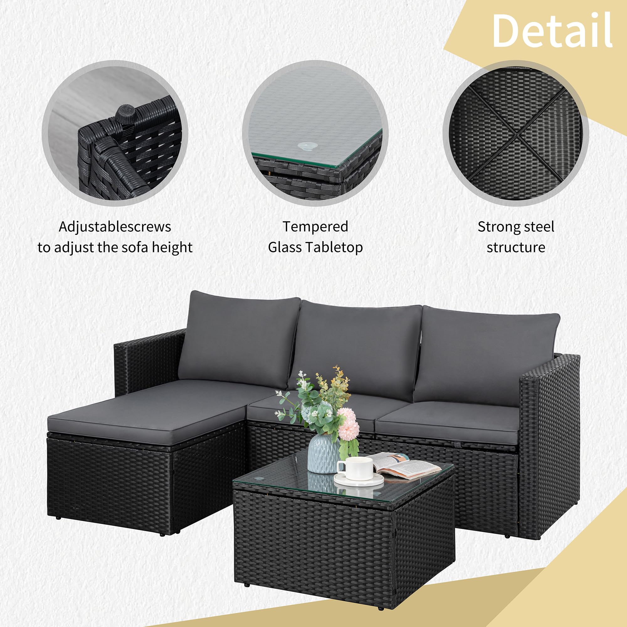 3-Piece Wicker Patio Sectional Sofa Set with Coffee Table