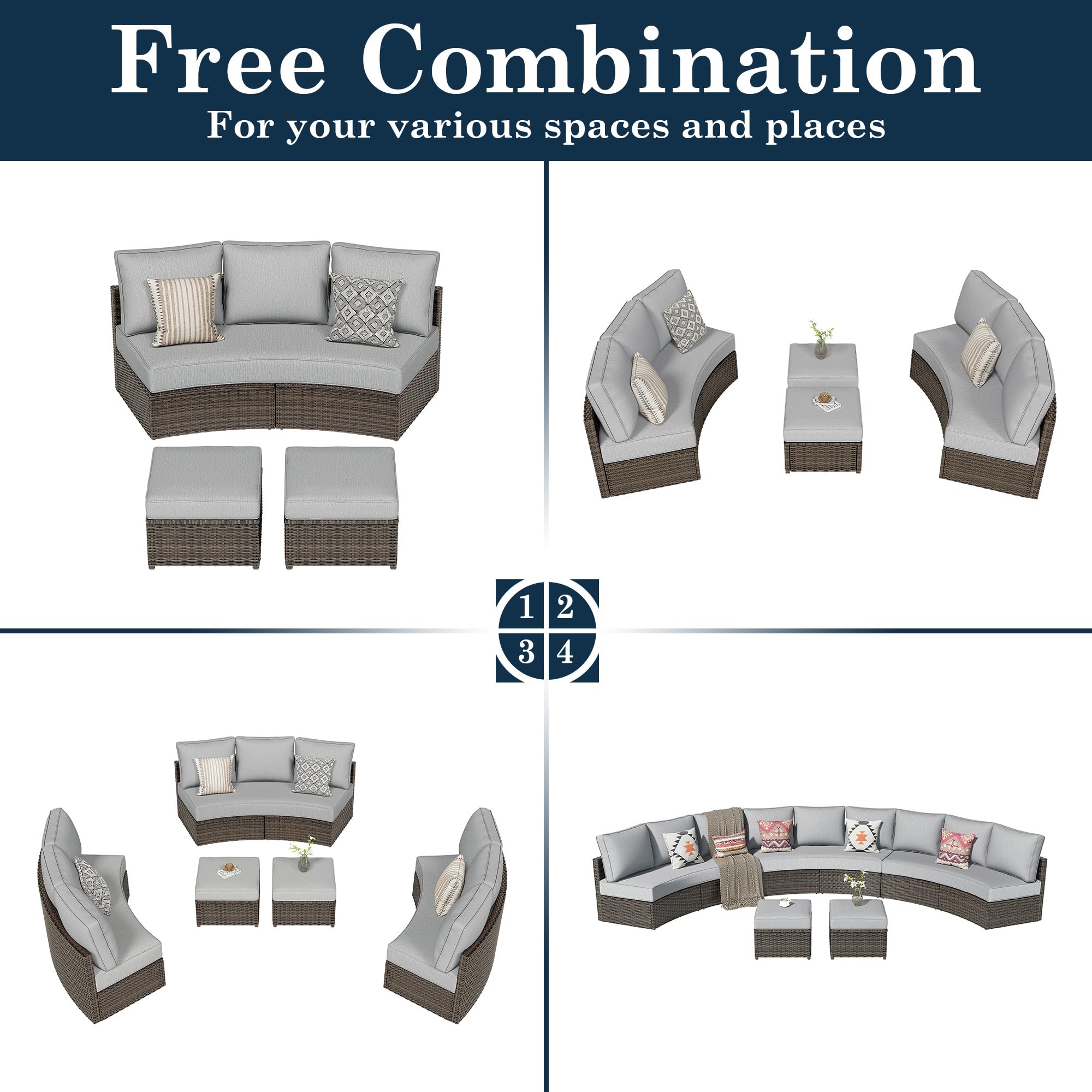 11 Piece Half Moon Outdoor Patio Furniture Set with Cushions and Ottoman