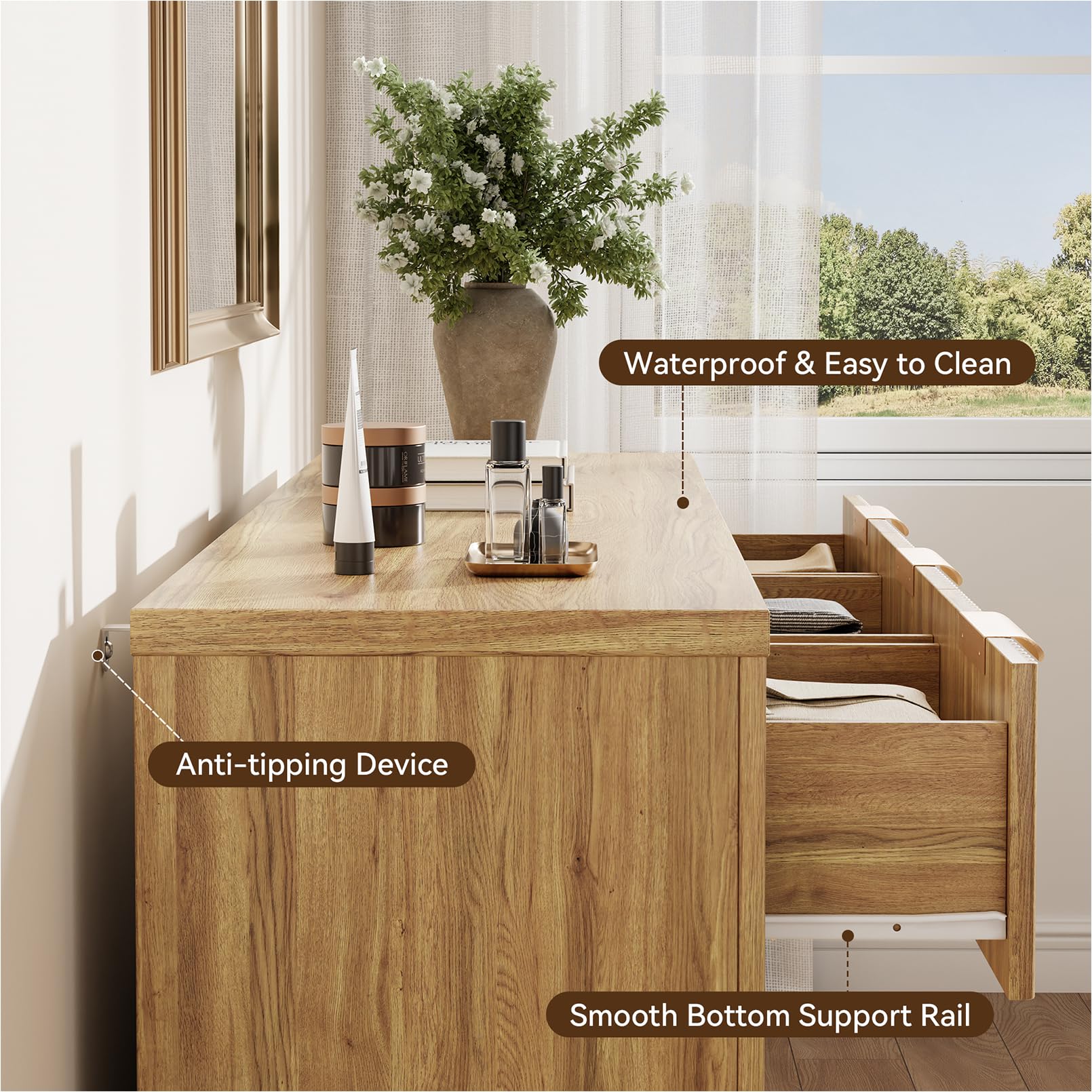 Fluted 6-Drawer Dresser 54 Inch Natural Oak