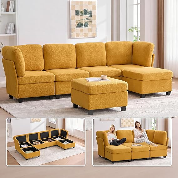 6-Seat U-Shaped Modular Sectional Sofa with Storage Ottoman