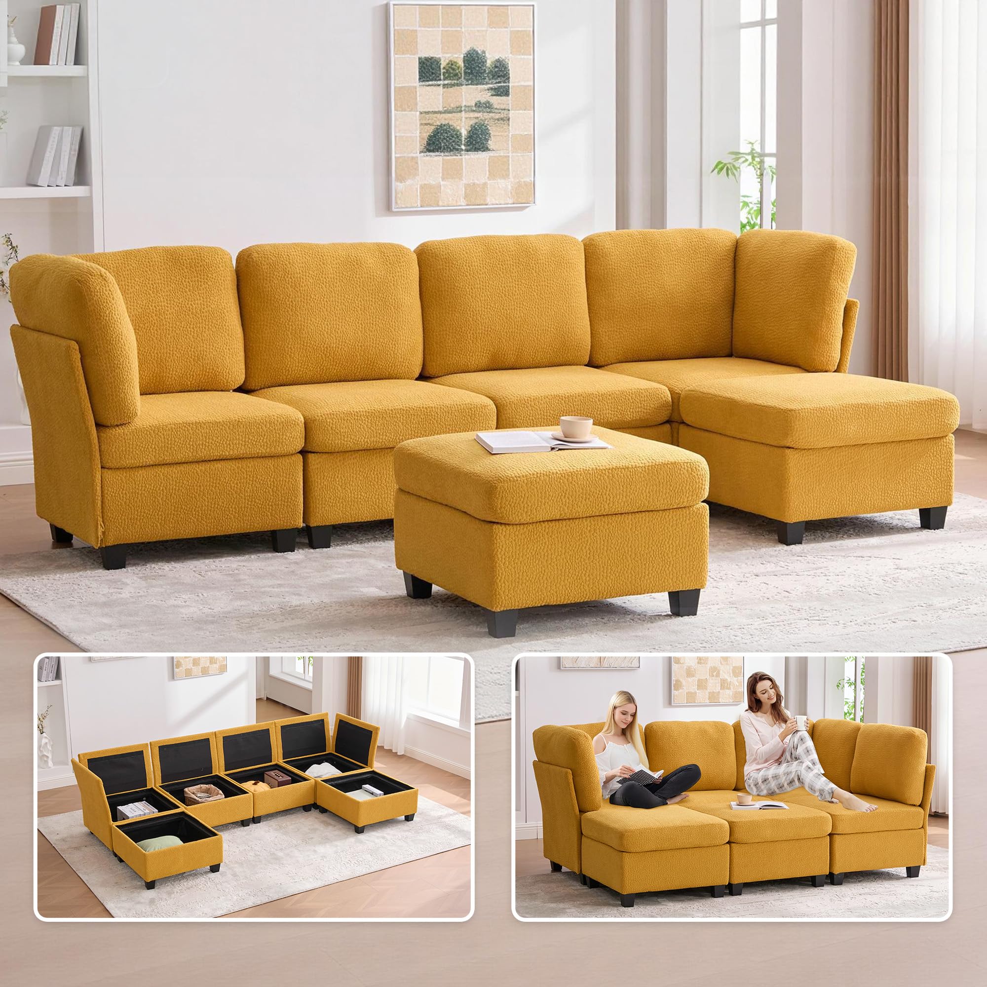 6-Seat U-Shaped Modular Sectional Sofa with Storage Ottoman