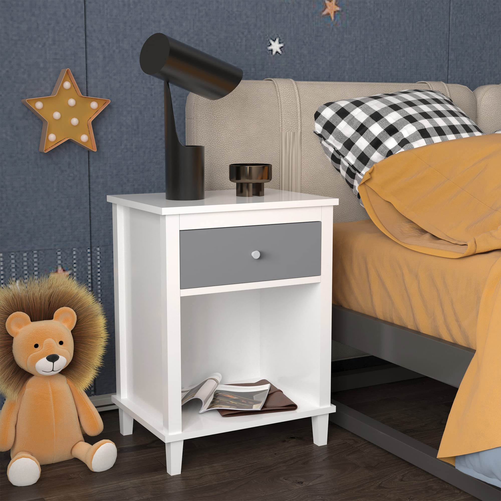 Kids Nightstand with Drawer and Storage Shelf