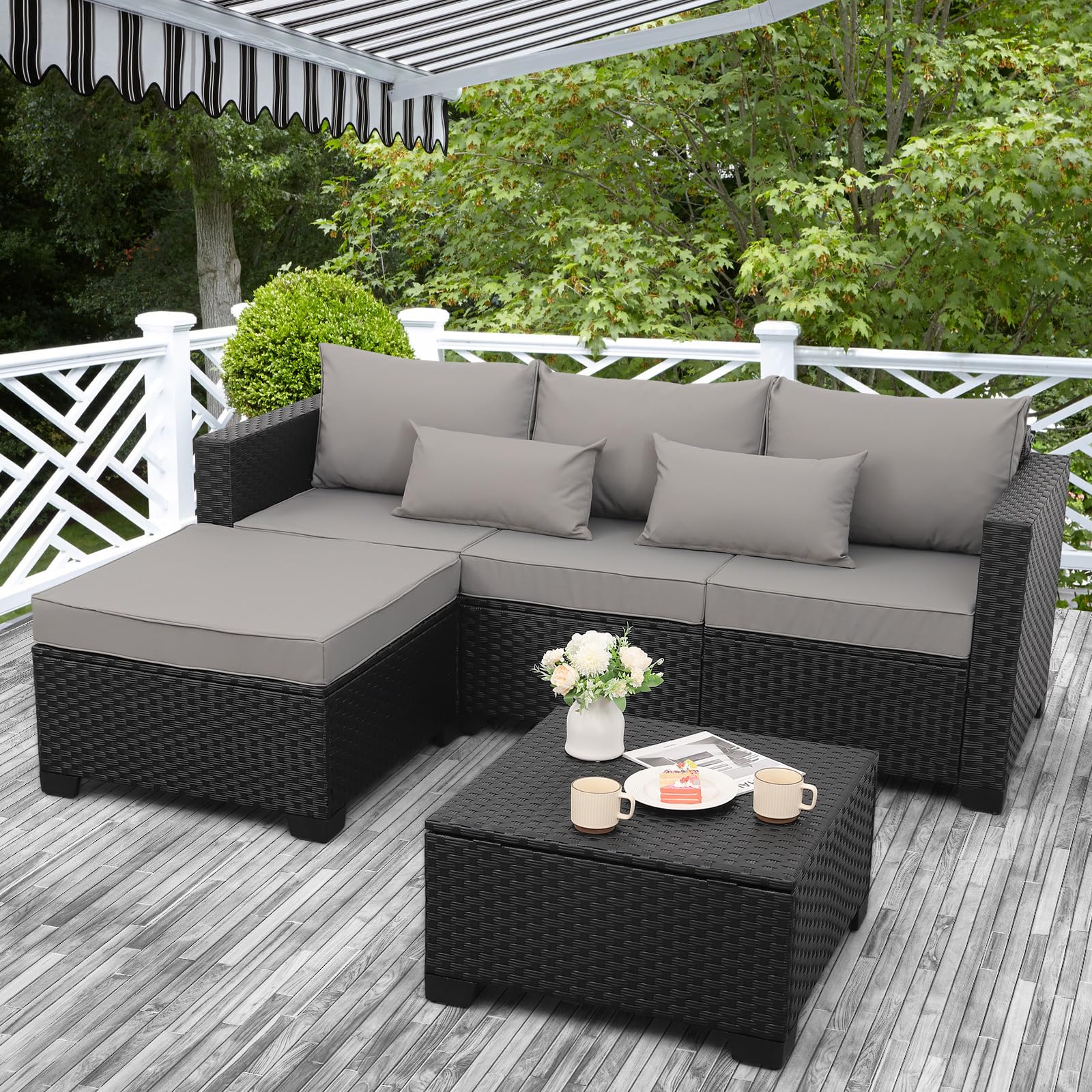 Outdoor Wicker Patio Furniture Set with Ottoman and Storage Table