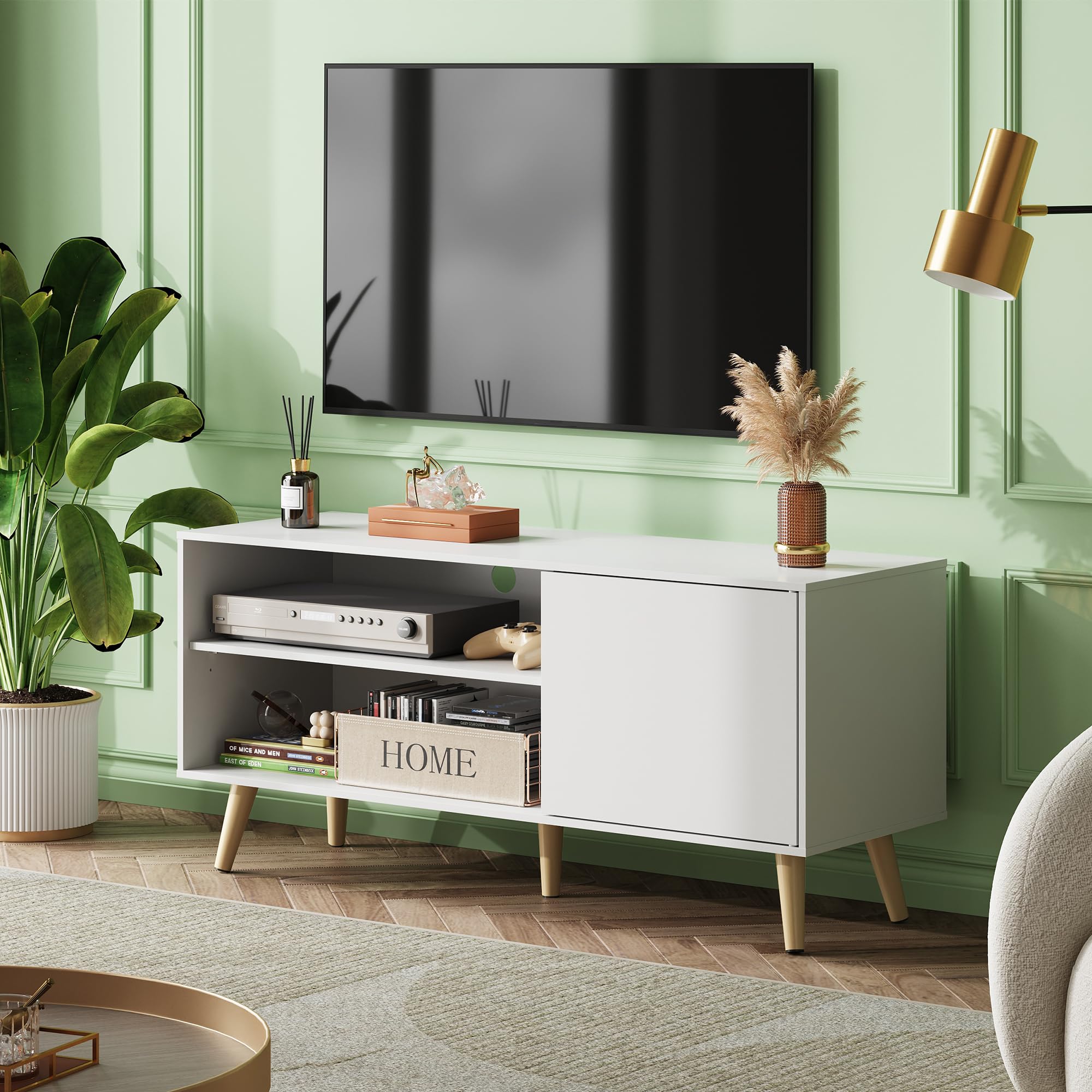 Mid-Century TV Stand with Storage Cabinet White 47 Inch