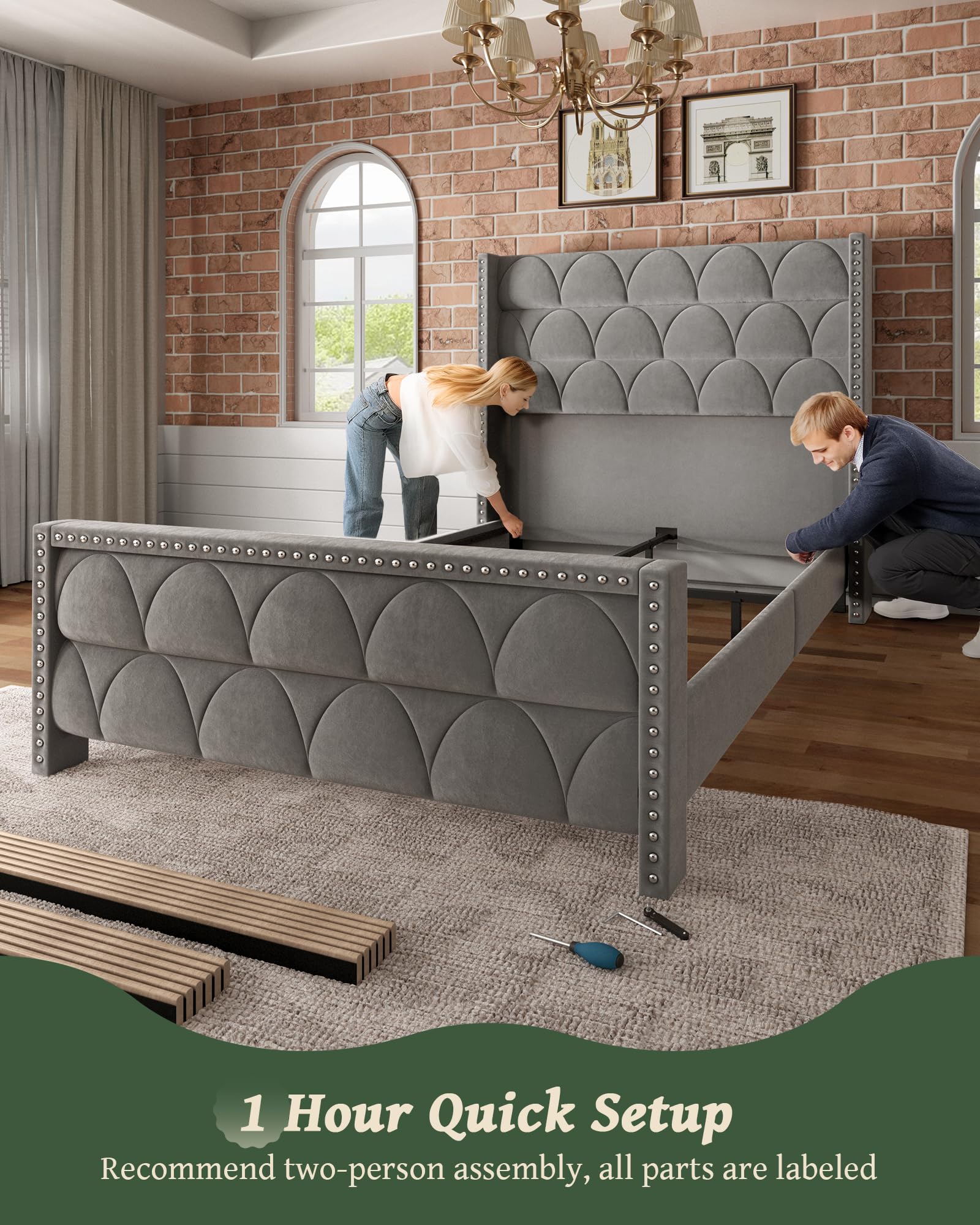 Queen Size Velvet Upholstered Platform Bed Frame