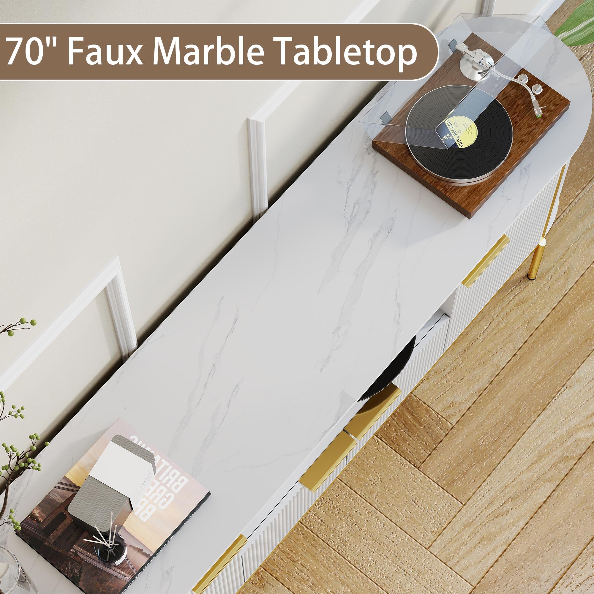 70" White and Gold TV Stand with Faux Marble Top