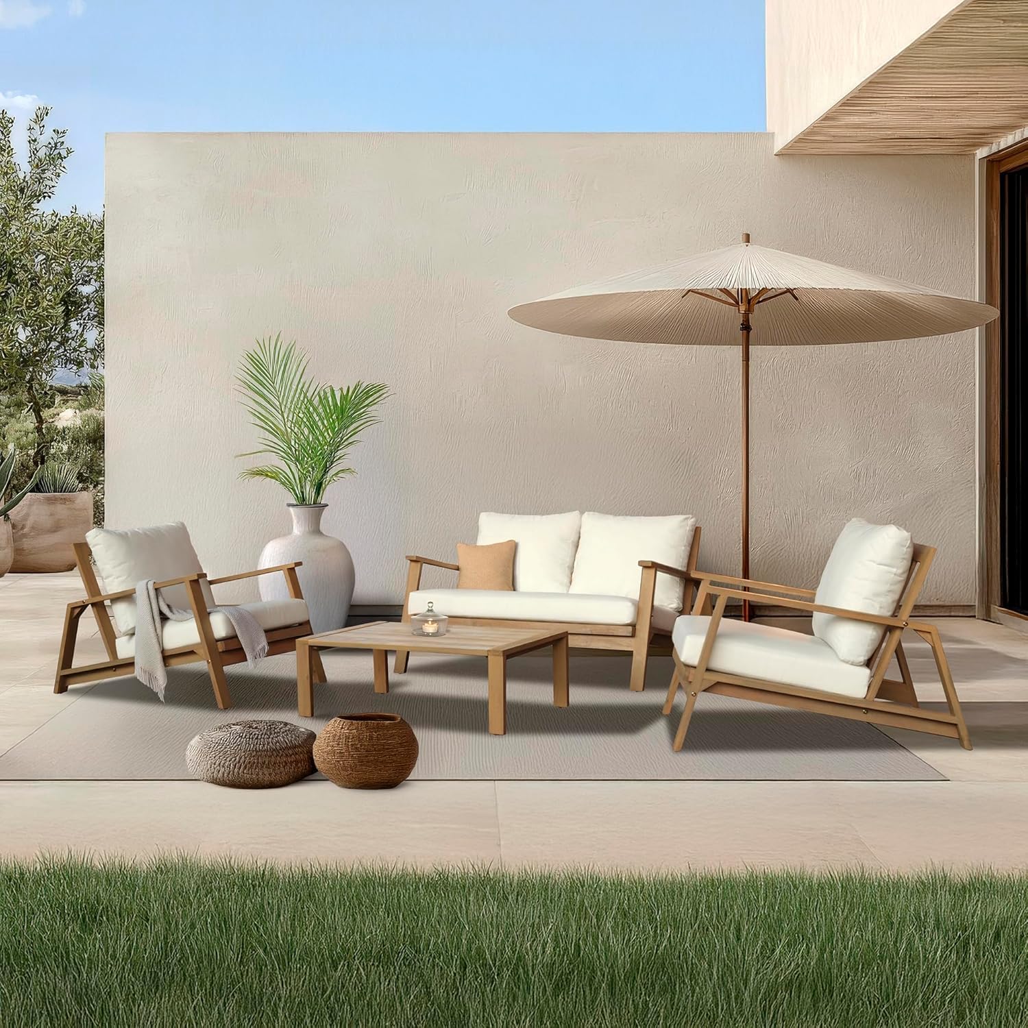 4-Piece Acacia Wood Outdoor Sectional Sofa Set