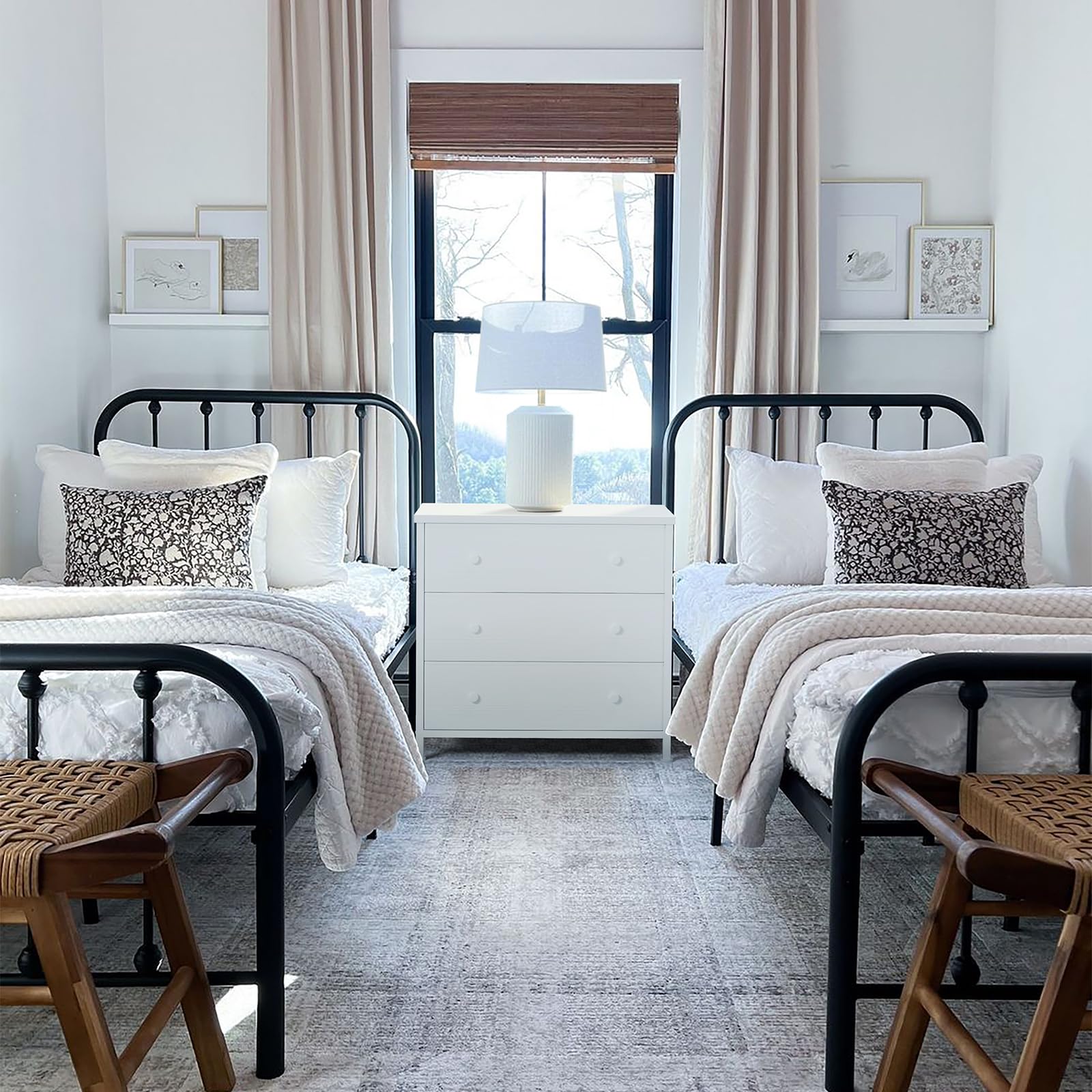 White Nightstand with 3 Fabric Drawers