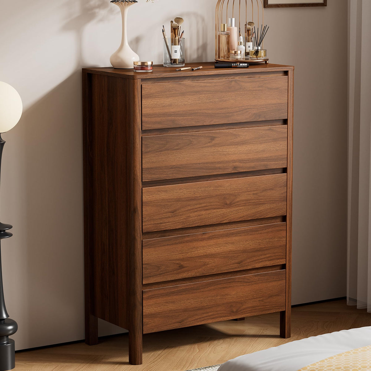 5-Drawer Tall Wood Dresser with Legs – Mid-Century Modern Walnut Chest of Drawers, 45.6"