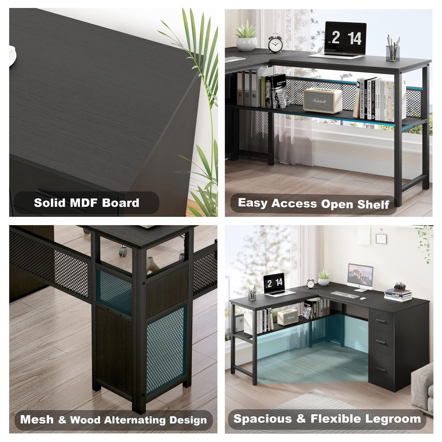 Black L Shaped Desk with Drawers and Storage Shelf
