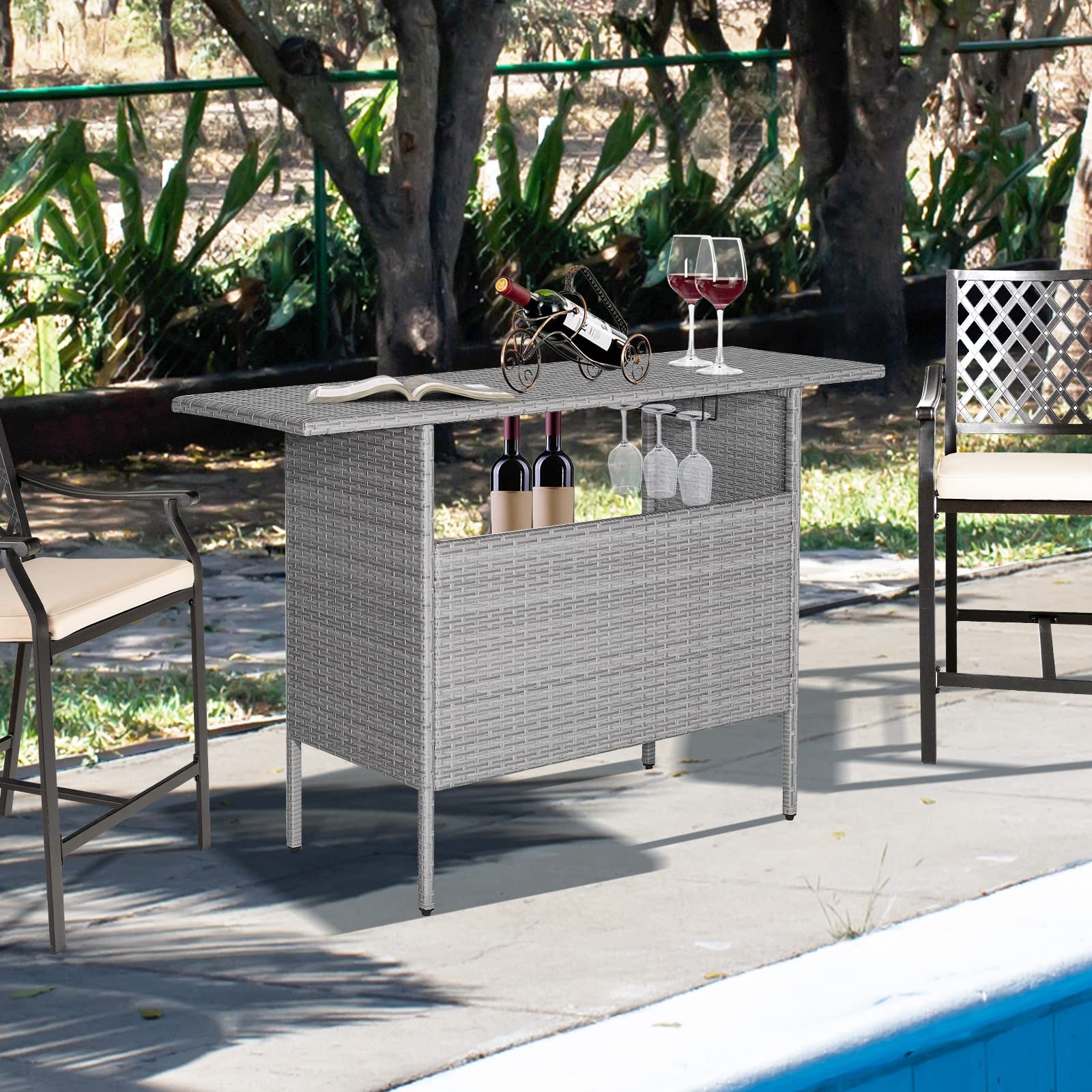 Outdoor Wicker Bar Table with Storage